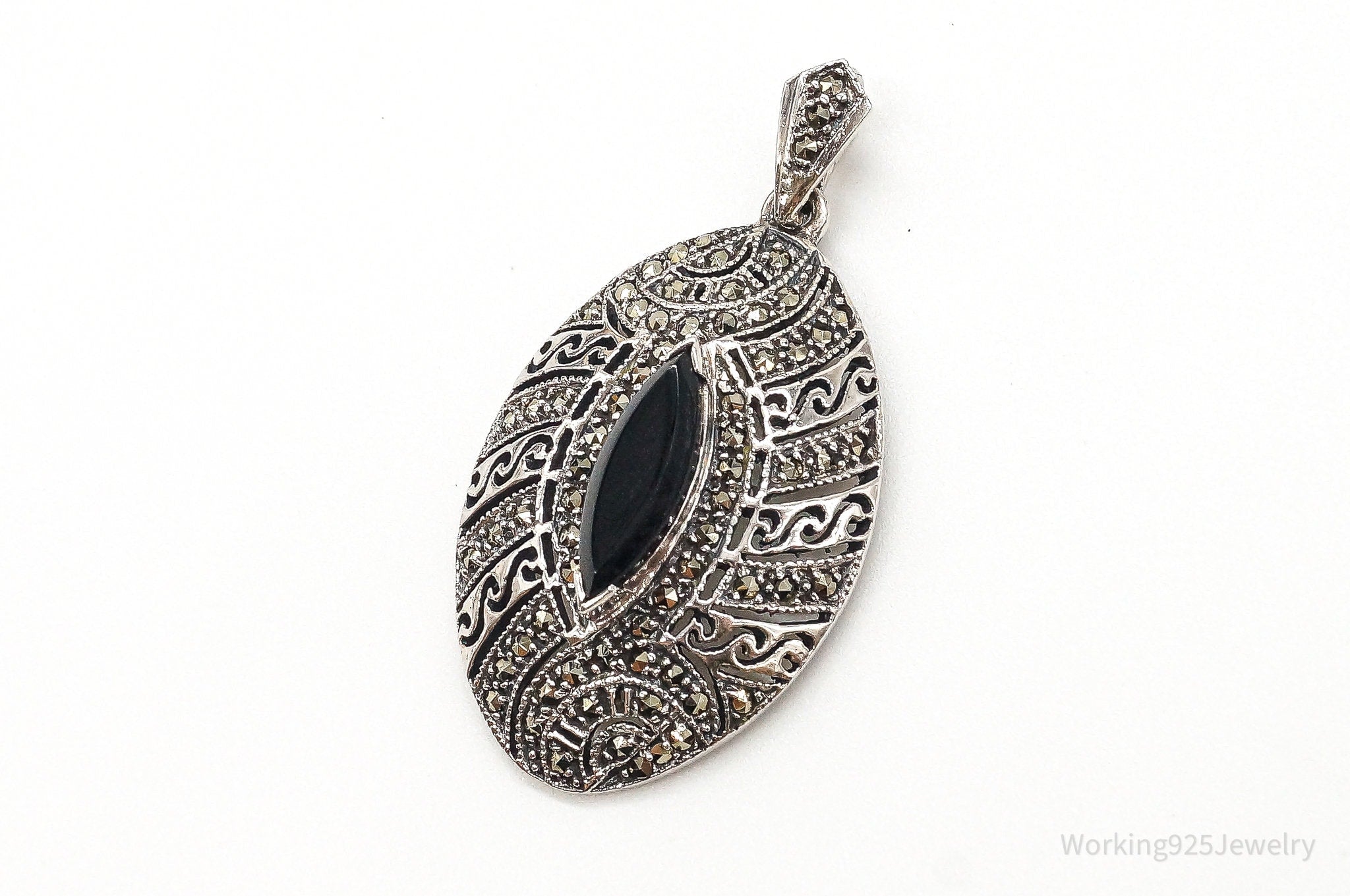 Vintage Large Black Onyx Marcasite Sterling Silver Pendant | Jewelry > Necklaces > Pendants | Wiccan Center