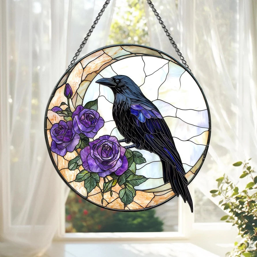 Purple Roses Moon Raven Suncatcher | Gifts | Wiccan Center
