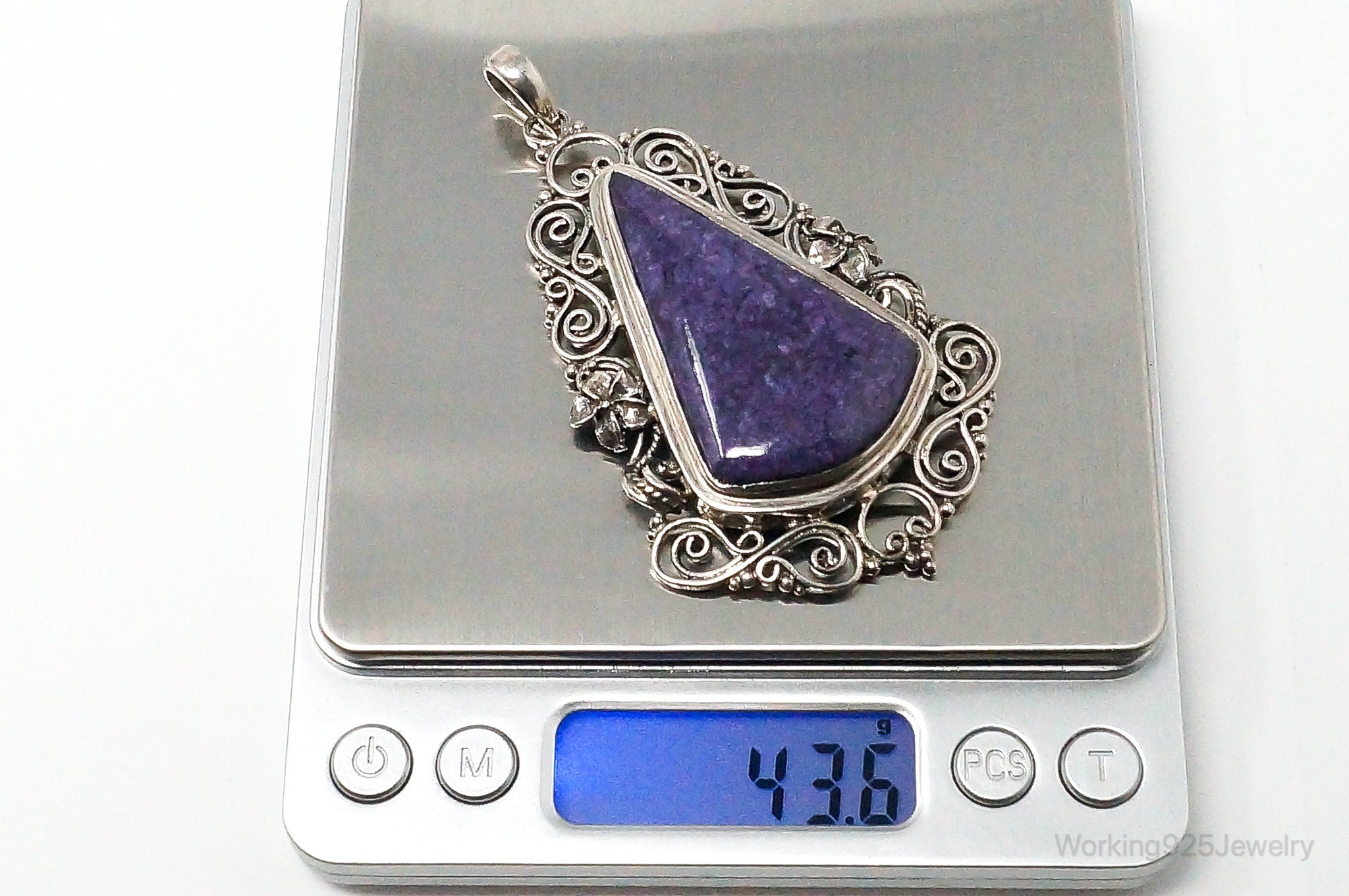 Vintage Purple Charoite Sterling Silver Floral Scroll Statement Necklace Pendant | Jewelry > Necklaces > Pendants | Wiccan Center