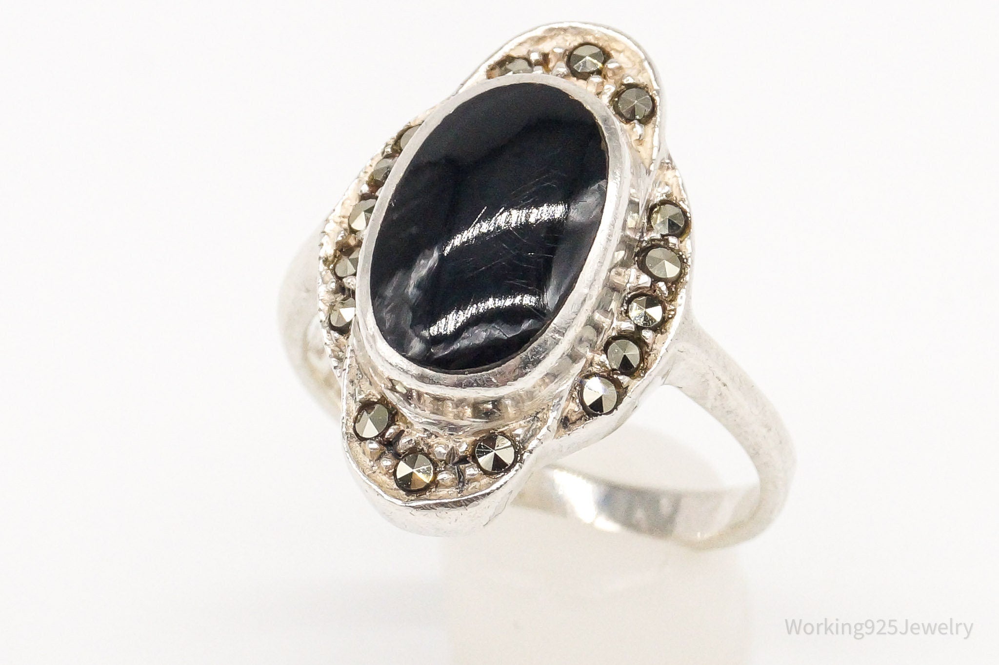 Vintage Black Onyx Marcasite Sterling Silver Ring - Size 8 | Jewelry > Rings | Wiccan Center