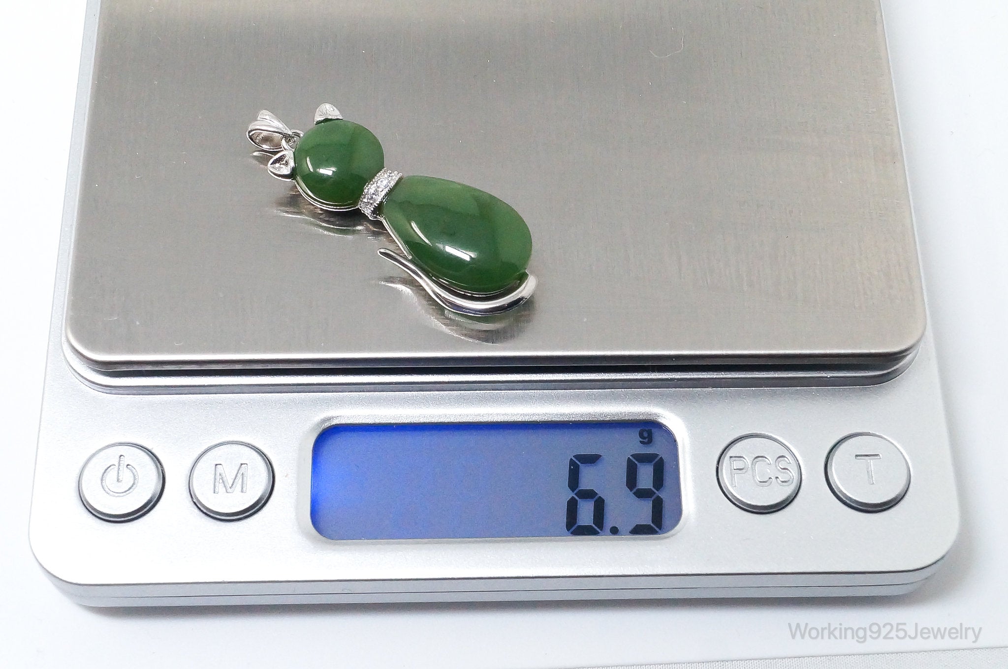 Large Kitten Cat Nephrite Cubic Zirconia Sterling Silver Necklace Pendant | Jewelry > Necklaces > Pendants | Wiccan Center