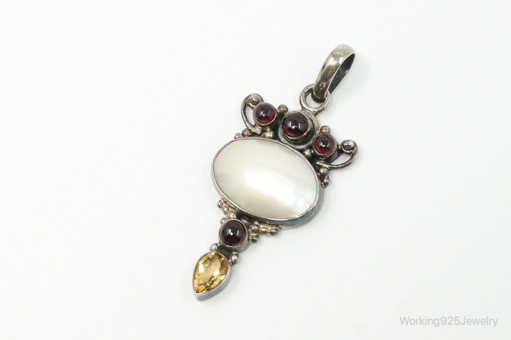 Large Vintage Mothe Of Pearl Citrine Garnet Sterling Silver Pendant | Jewelry > Necklaces > Pendants | Wiccan Center