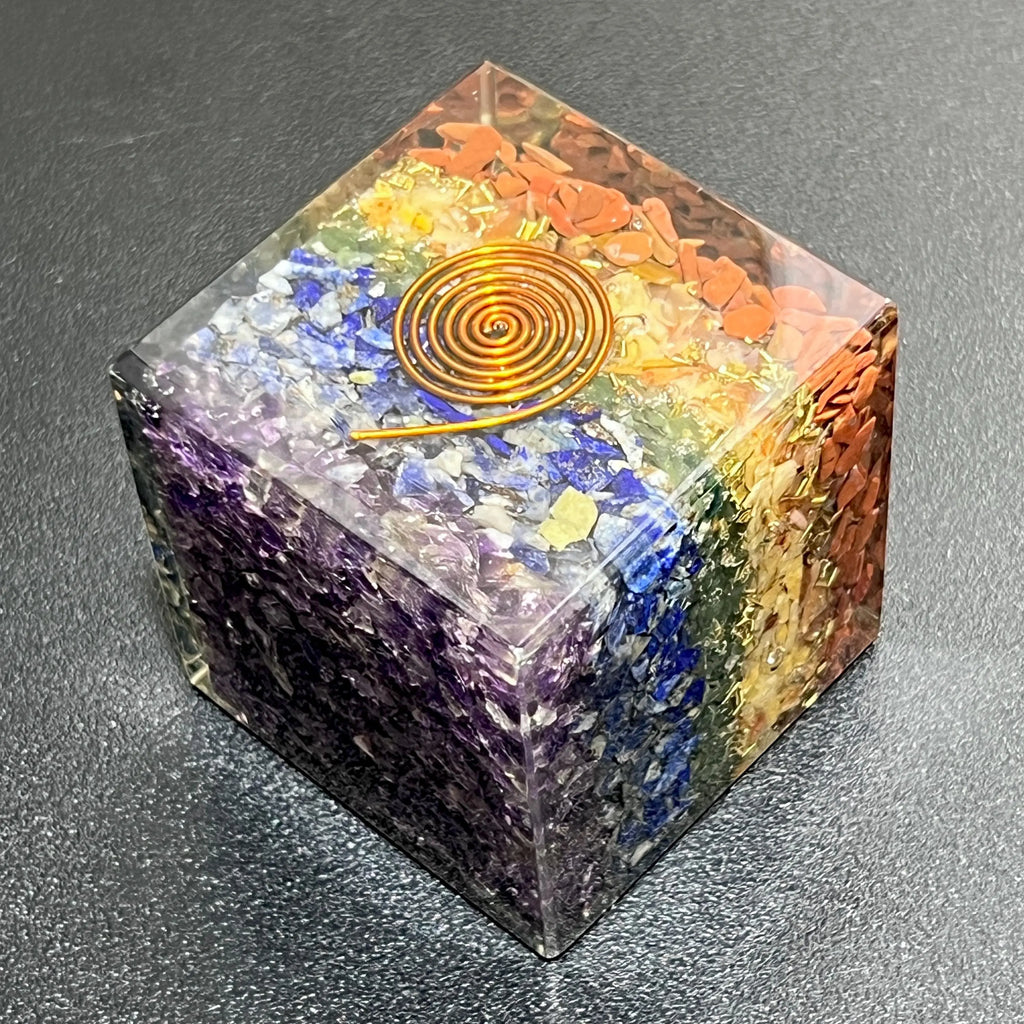 Large 7-Stone Crystal Resin Orgone Cube Reiki Chakra Carving | Home & Living > Home Decor > Home Accents > Rocks & Geodes | Wiccan Center