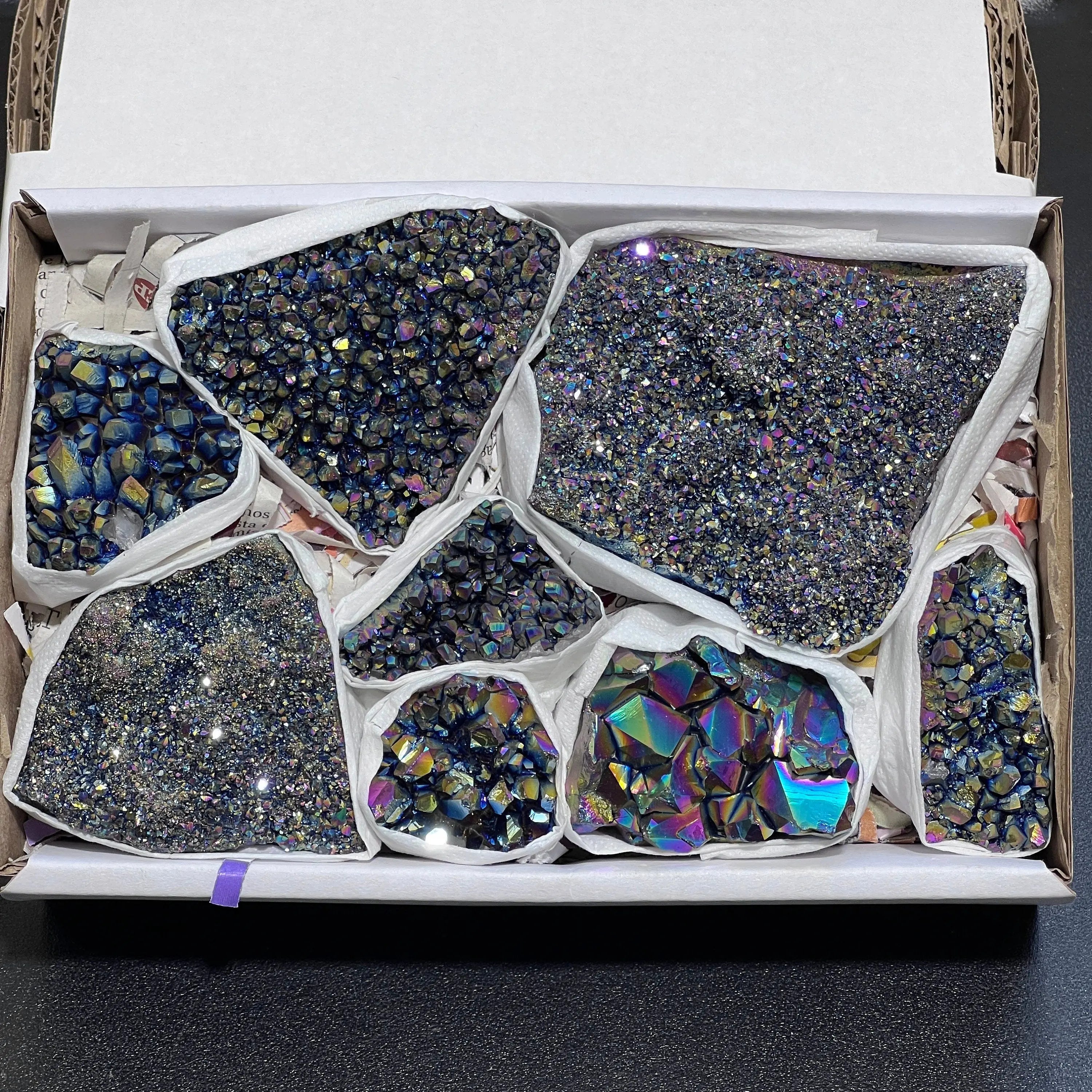 Titanium Aura Amethyst Crystals (Avg 1.5 LBs) Box Flat Bulk Wholesale Lot Raw Stones Gemstones | Home & Living > Home Decor > Home Accents > Rocks & Geodes | Wiccan Center