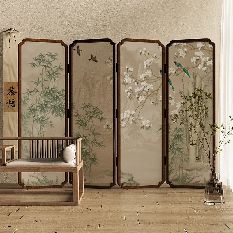 Zen Wood Folding Screen Partition | Floral & Bird Room Divider | Accents > Room Divider Screens | Wiccan Center