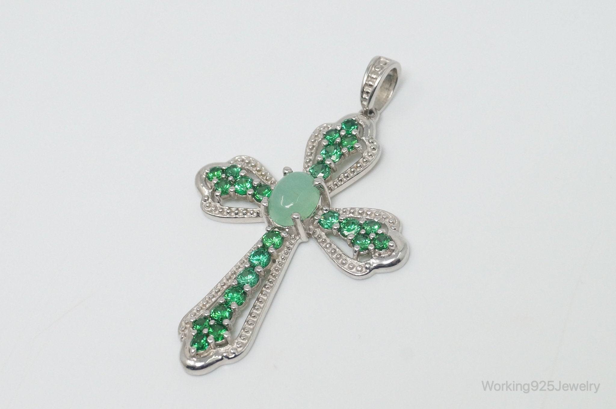 Vintage Green Chalcedony Green Cubic Zirconia Cross Sterling Silver Pendant | Jewelry > Necklaces > Pendants | Wiccan Center
