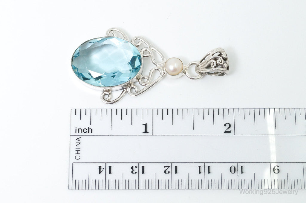 Vintage Art Deco Large Blue Topaz Pearl Sterling Silver Pendant | Jewelry > Necklaces > Pendants | Wiccan Center