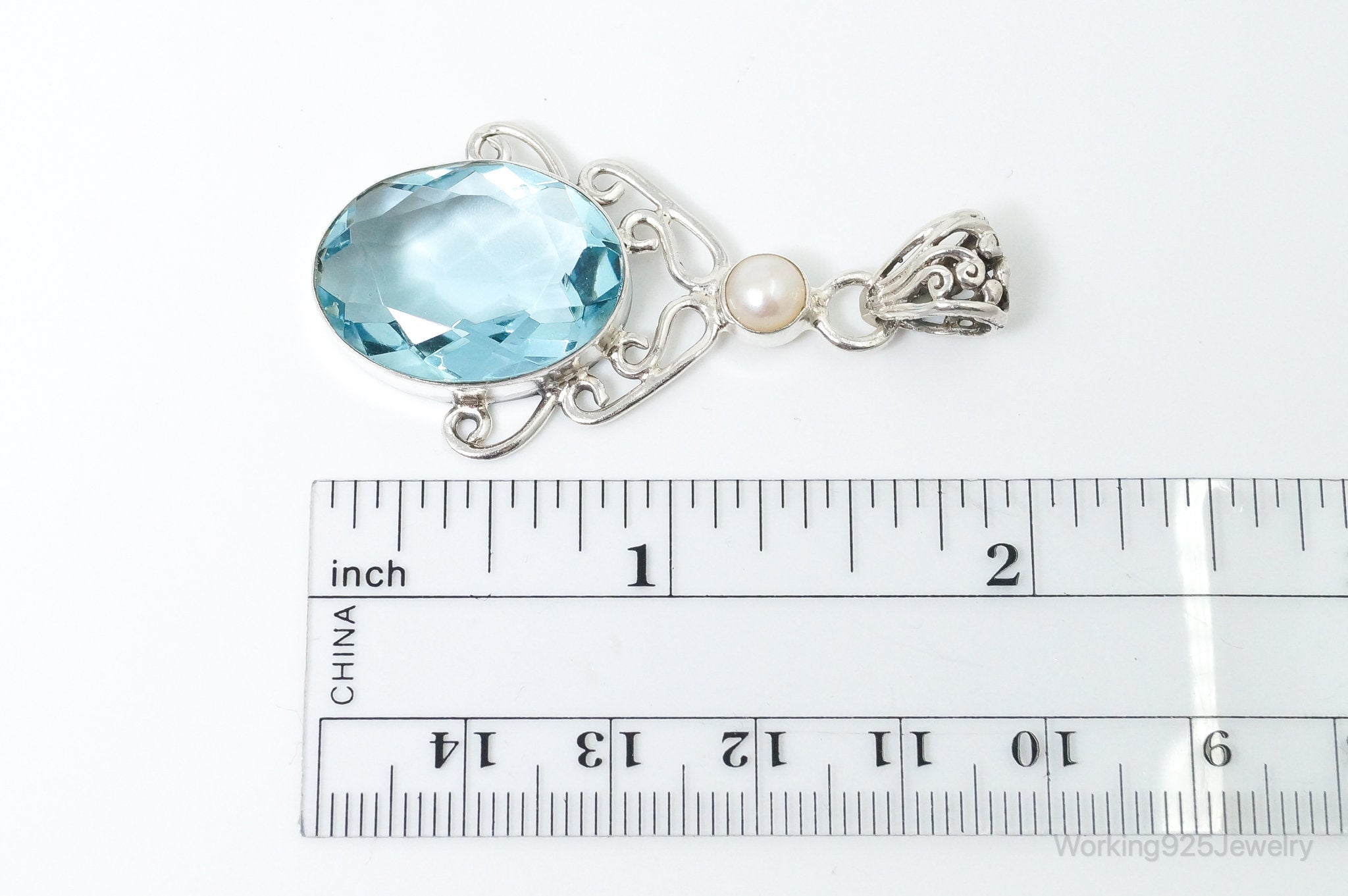Vintage Art Deco Large Blue Topaz Pearl Sterling Silver Pendant | Jewelry > Necklaces > Pendants | Wiccan Center