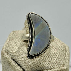 Sterling Silver Rainbow Moonstone Crescent Moon Ring – Size 5 – Intuition, Balance & New Beginnings | Rings | Wiccan Center