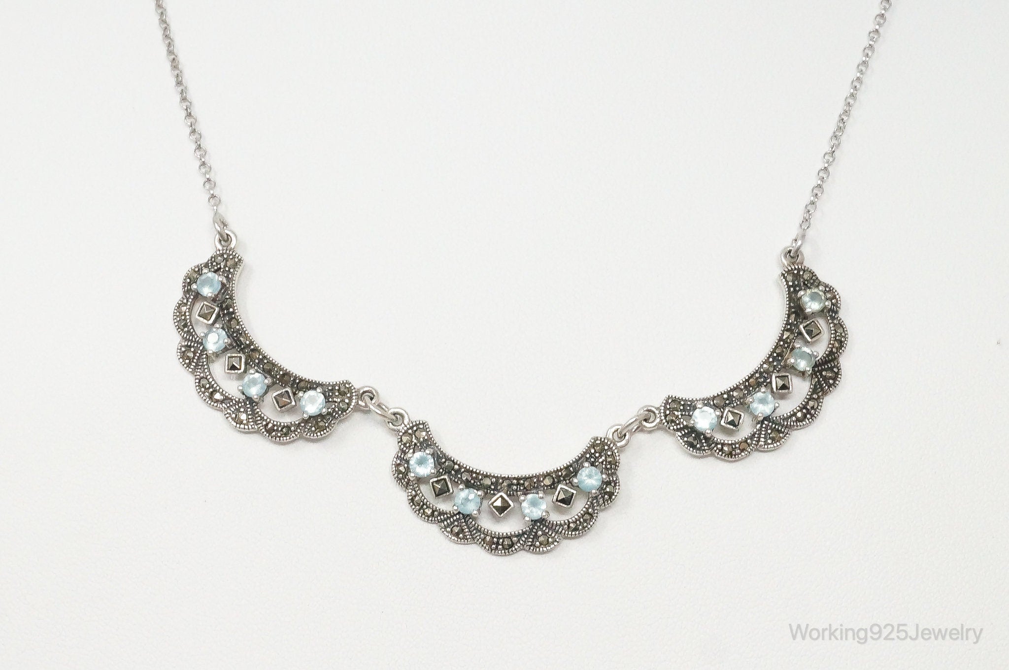 Vintage Art Deco Blue Topaz Marcasite Sterling Silver Necklace | Jewelry > Necklaces > Pendants | Wiccan Center