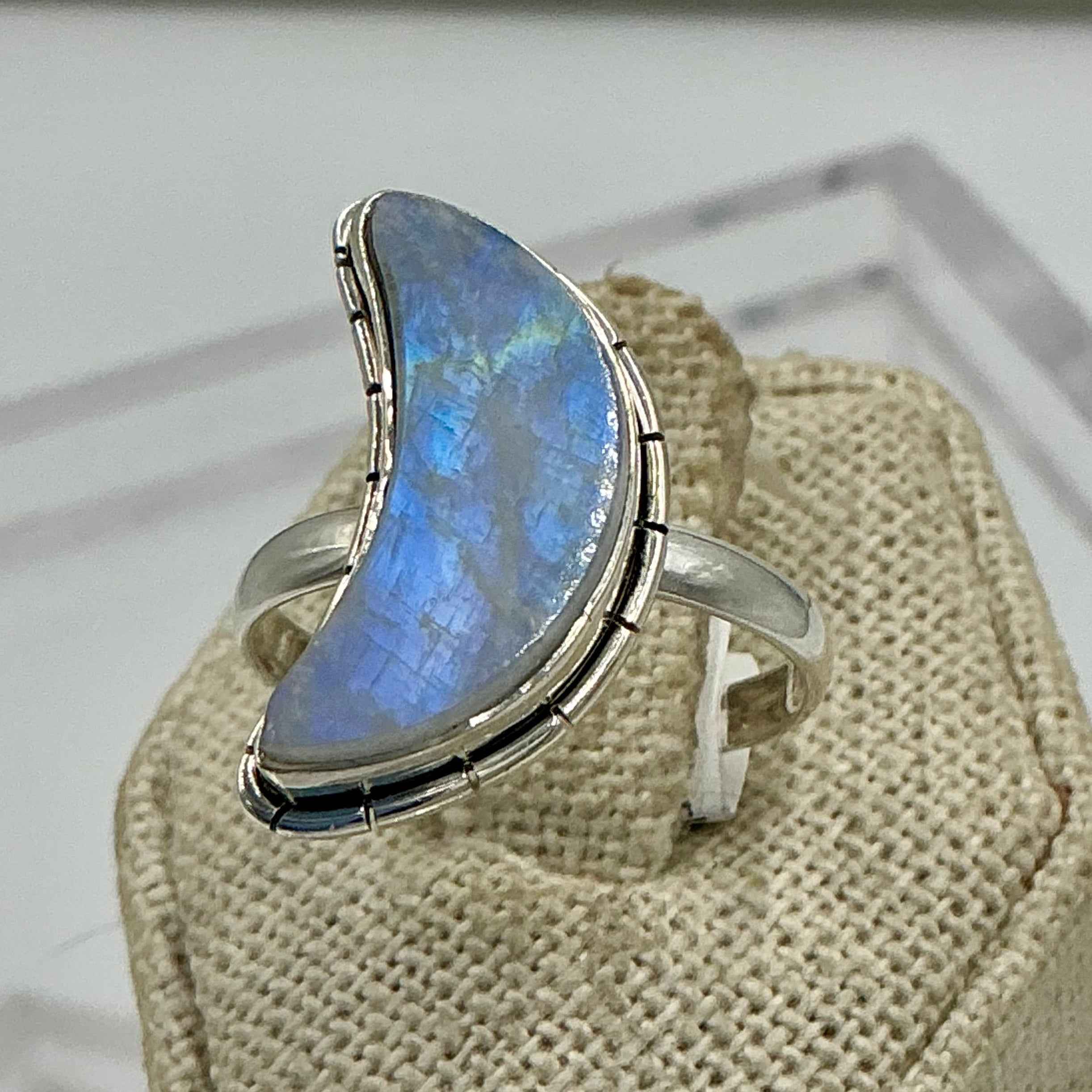 Sterling Silver Rainbow Moonstone Crescent Moon Ring – Size 10 – Intuition, Feminine Energy & New Beginnings | Rings | Wiccan Center