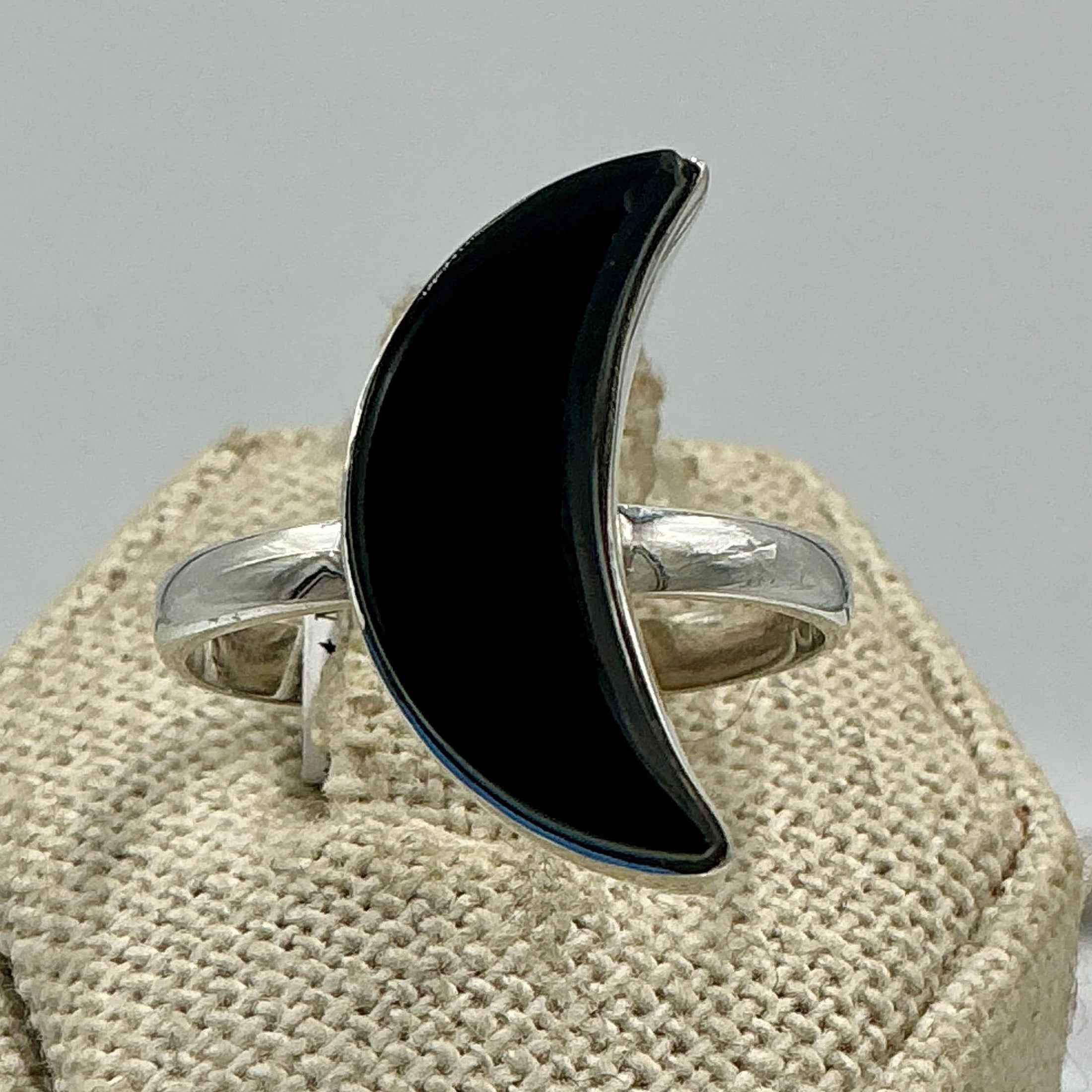 Sterling Silver Black Onyx Crescent Moon Ring – Size 10 – Protection, Grounding & Strength | Rings | Wiccan Center