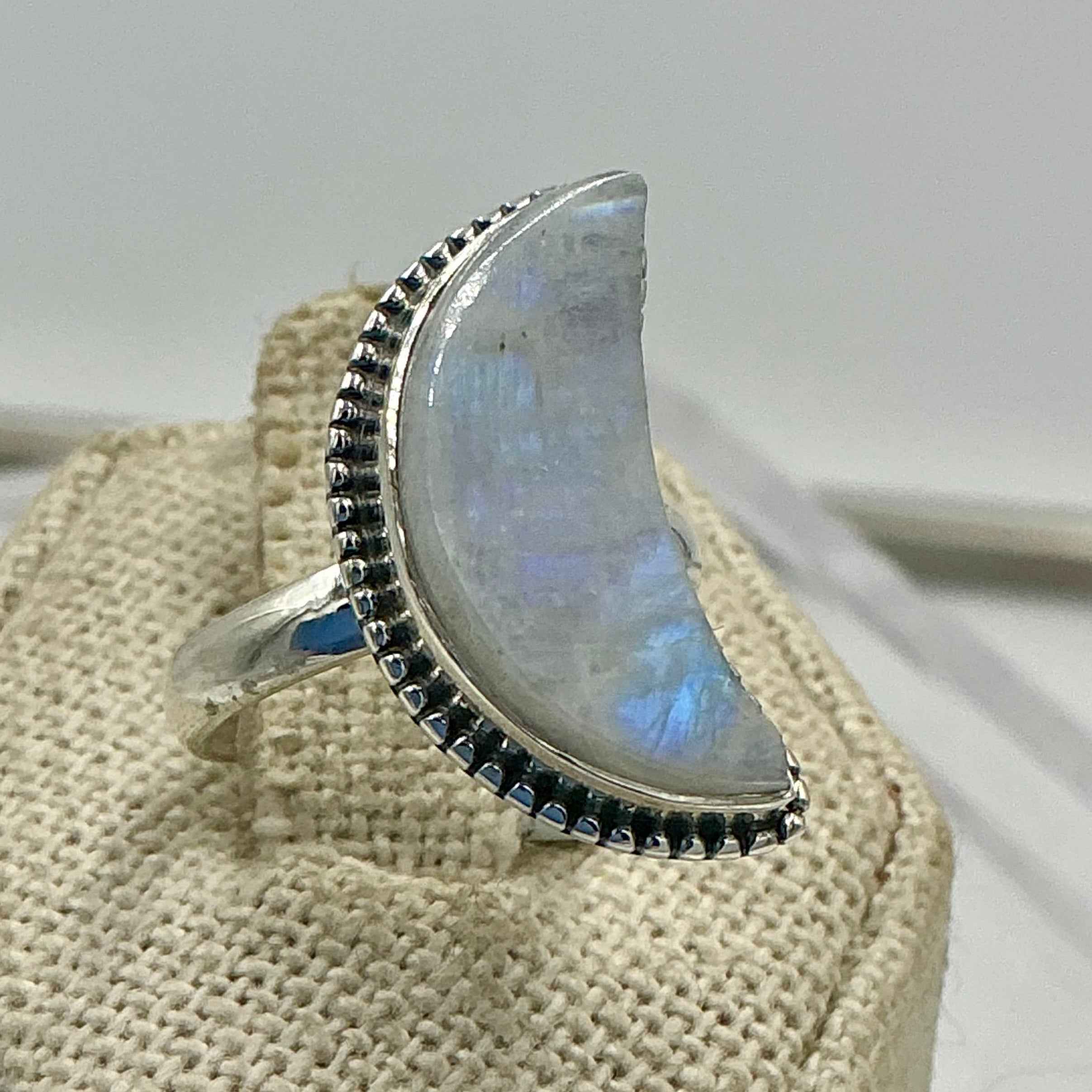 Sterling Silver Rainbow Moonstone Crescent Moon Ring – Size 6 – Intuition, Feminine Energy & New Beginnings | Rings | Wiccan Center