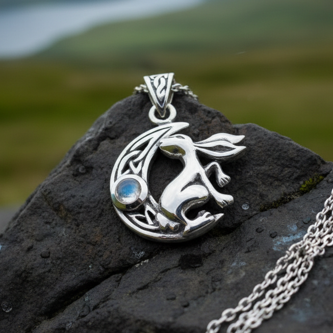 Celtic Rabbit Moon Necklace with Moonstone | Pendant | Wiccan Center