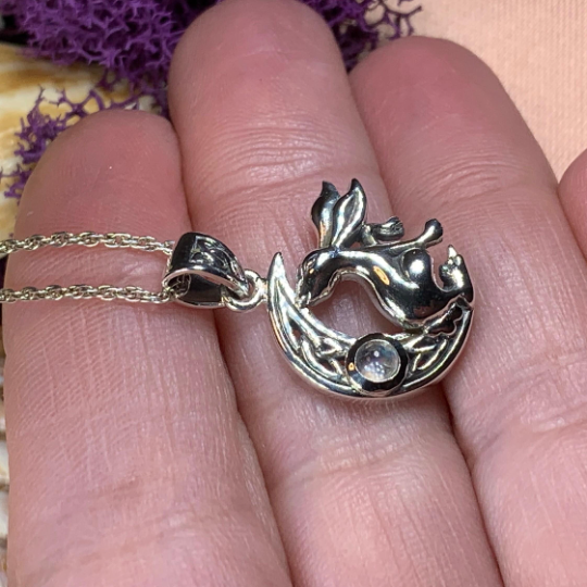 Celtic Rabbit Moon Necklace with Moonstone | Pendant | Wiccan Center