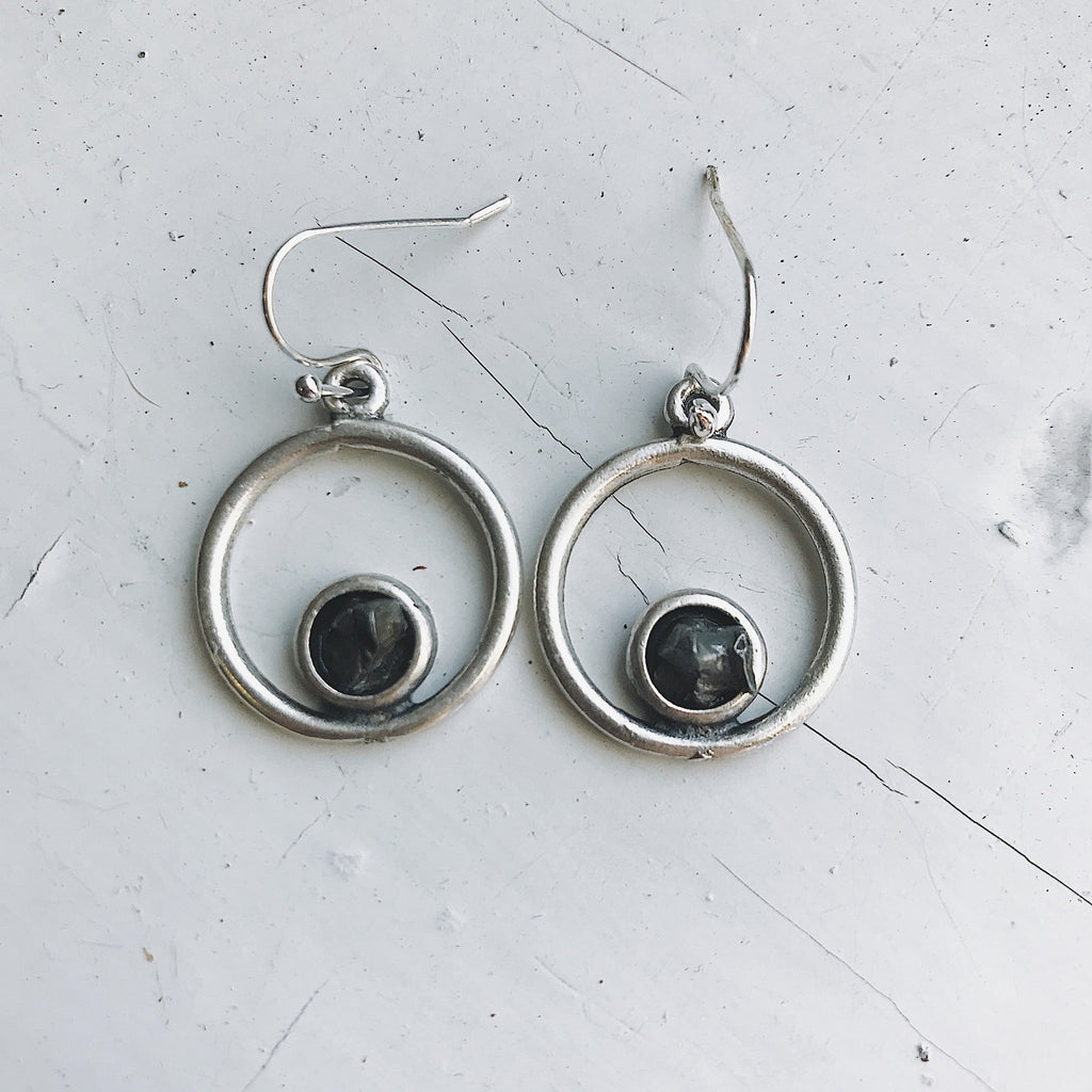 Circle Silver Earrings with Raw Meteorite | Earrings | Wiccan Center