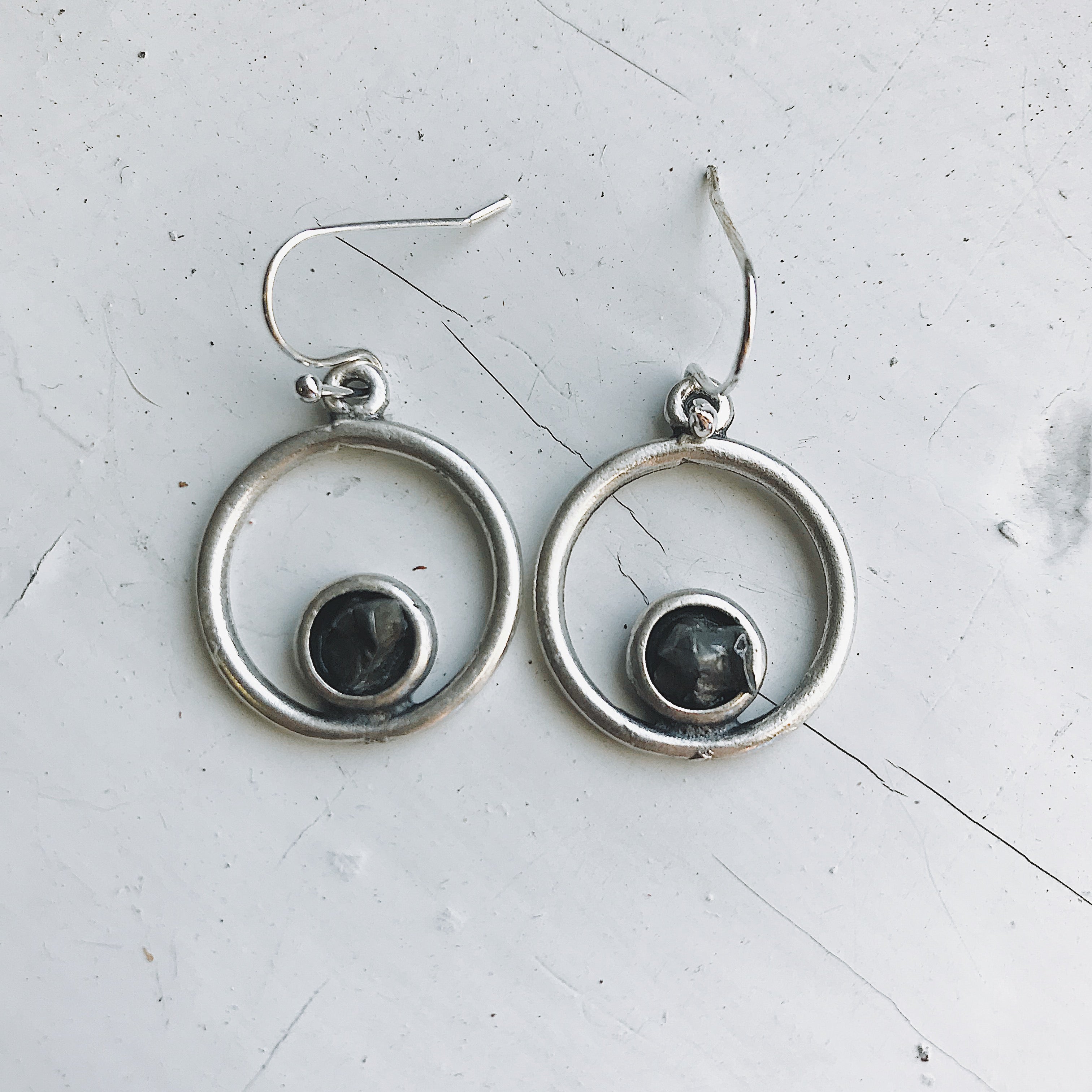 Circle Silver Earrings with Raw Meteorite | Earrings | Wiccan Center