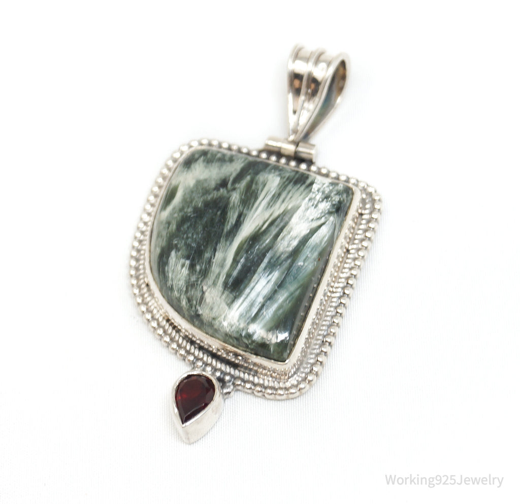 Vintage Large Green Seraphinite Garnet Sterling Silver Necklace Pendant | Jewelry > Necklaces > Pendants | Wiccan Center