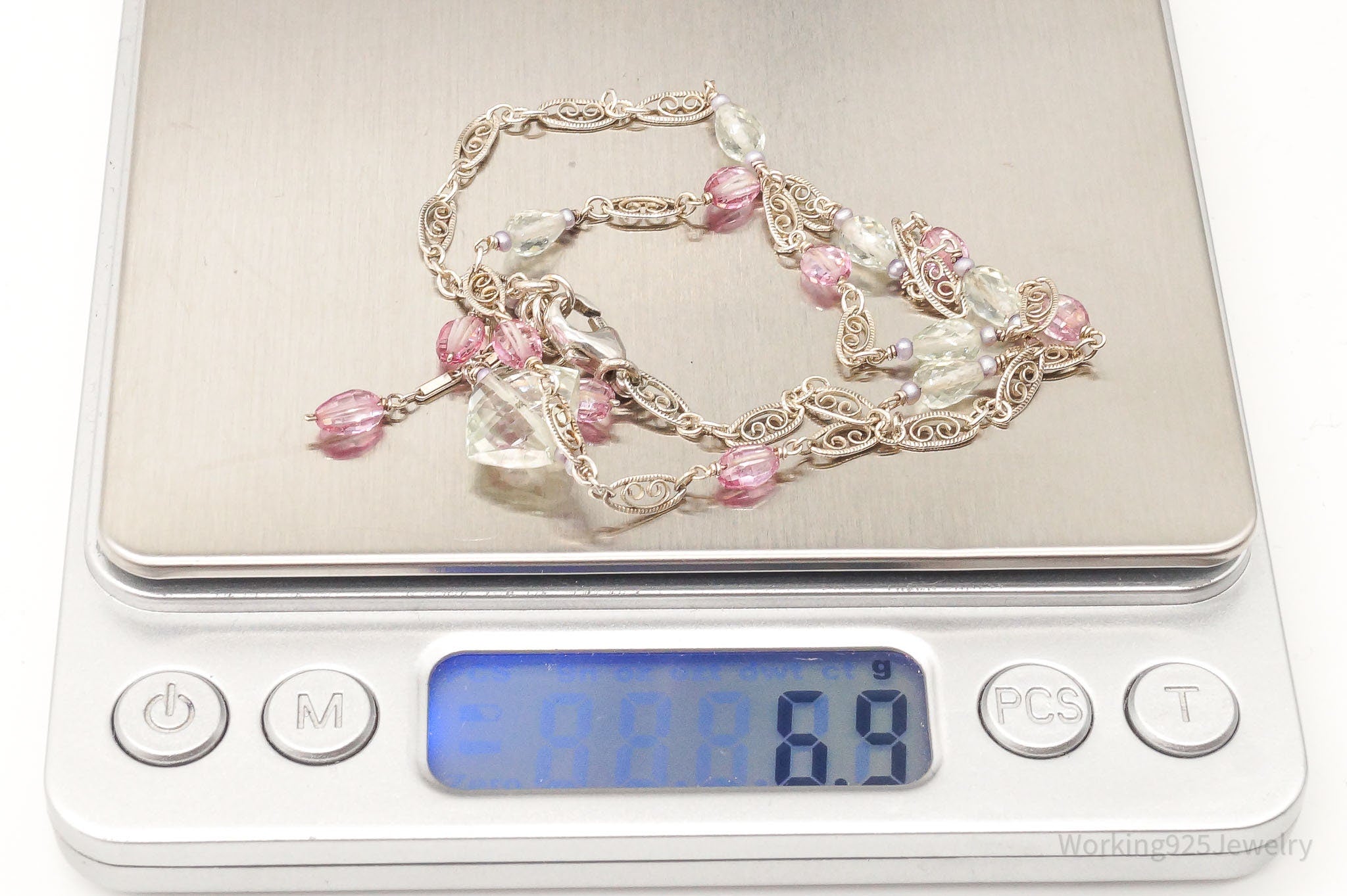 Vintage Prasiolite Pink Topaz Seed Pearls Sterling Silver Necklace | Jewelry > Necklaces > Pendants | Wiccan Center