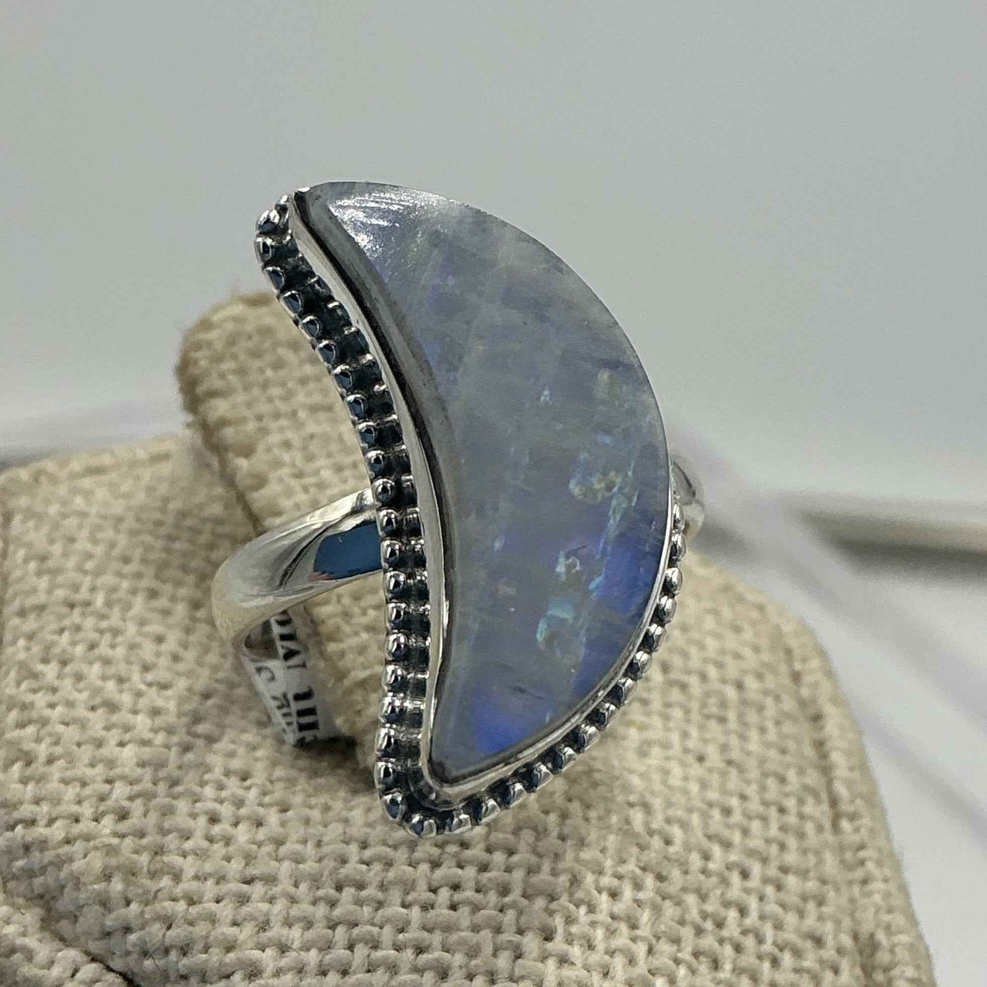Sterling Silver Rainbow Moonstone Crescent Moon Ring – Size 7 – Intuition, Feminine Energy & New Beginnings | Rings | Wiccan Center