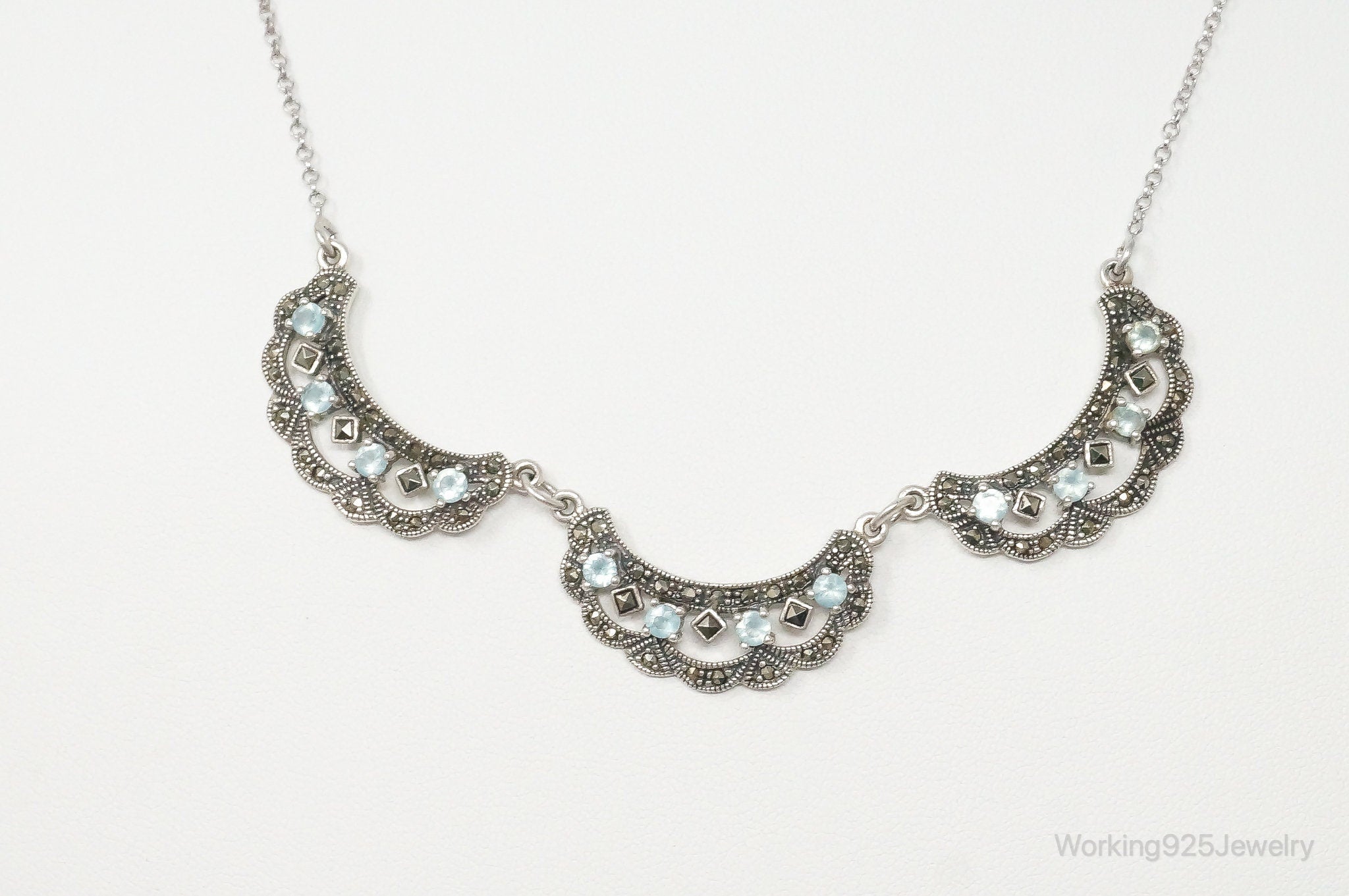 Vintage Art Deco Blue Topaz Marcasite Sterling Silver Necklace | Jewelry > Necklaces > Pendants | Wiccan Center