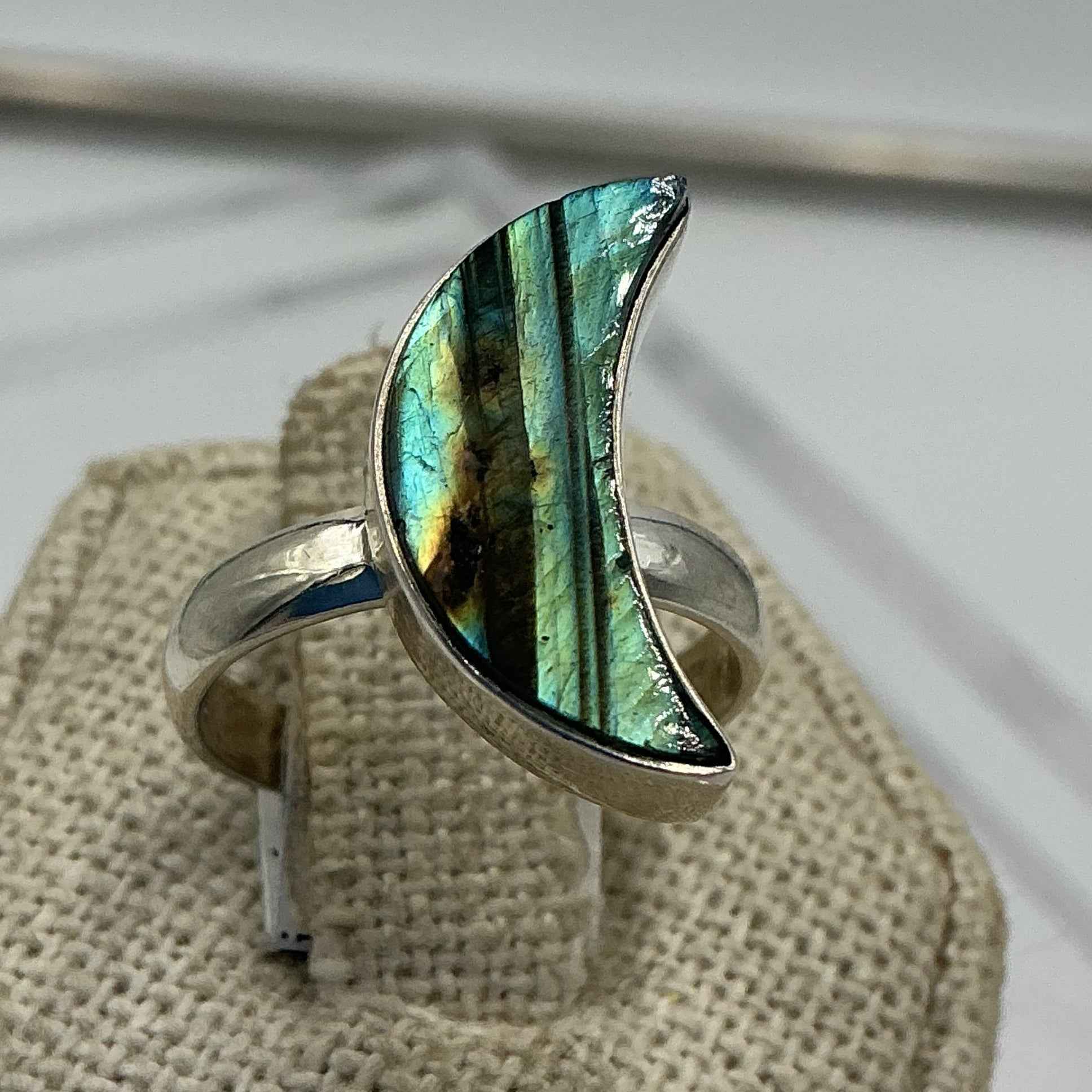 Sterling Silver Labradorite Crescent Moon Ring – Size 7 – Protection, Intuition & Transformation | Rings | Wiccan Center