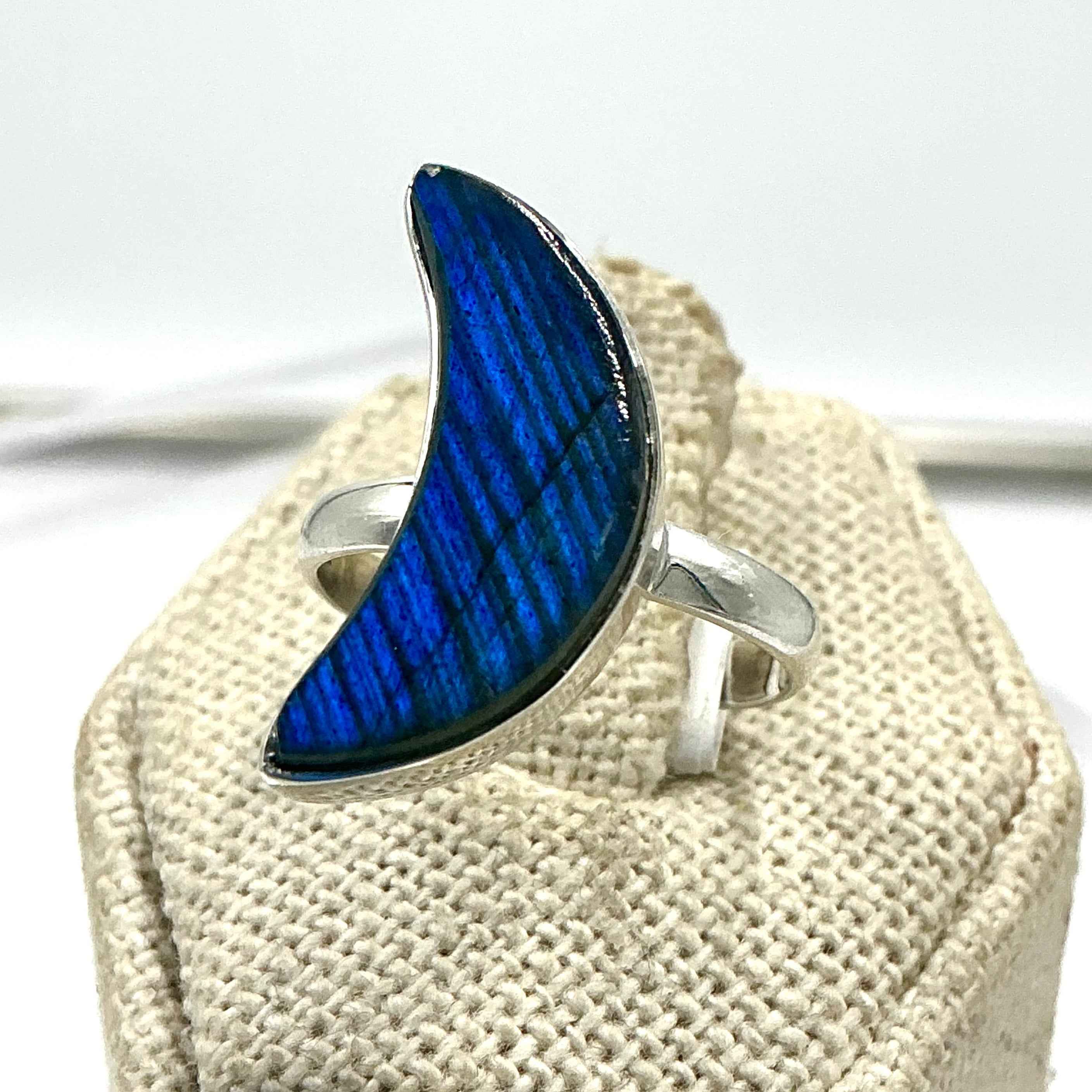 Sterling Silver Labradorite Crescent Moon Ring – Size 7 – Protection, Intuition & Transformation | Rings | Wiccan Center