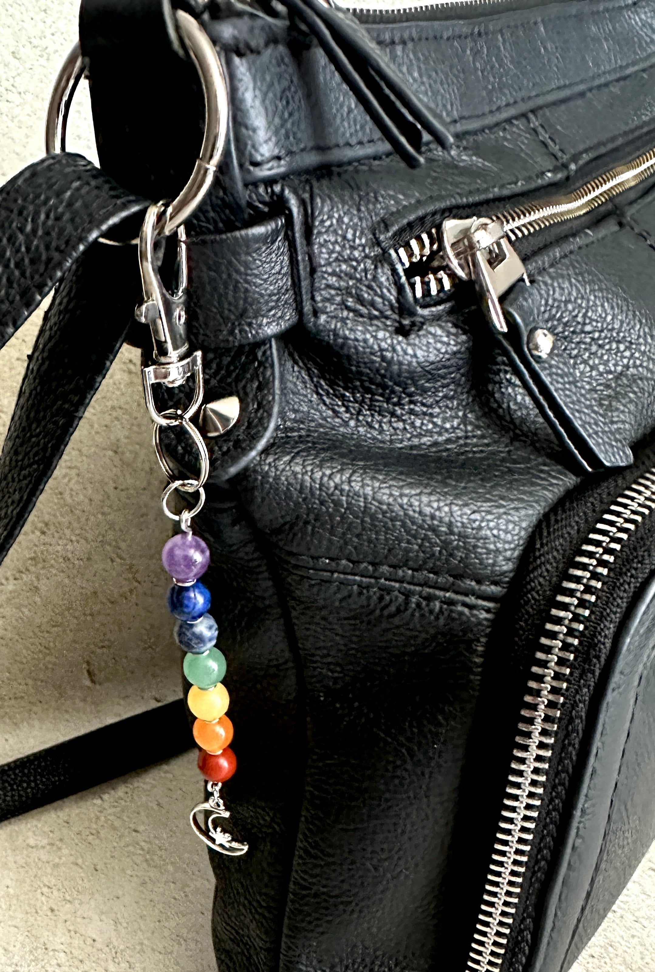 7 Chakra Crystal Gemstone Bag Charm Keychain - Choose Silver Lotus, Moon, Om Charm