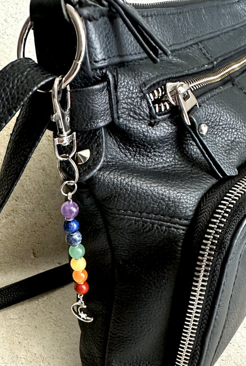 7 Chakra Crystal Gemstone Bag Charm Keychain - Choose Silver Lotus, Moon, Om Charm | | Wiccan Center