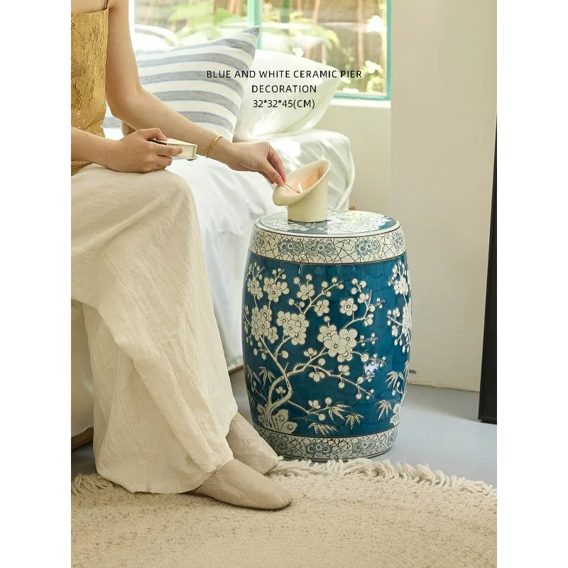 New Chinese Hand-Painted Blue & White Porcelain Drum Stool | Plum Blossom Side Table | Stools | Wiccan Center