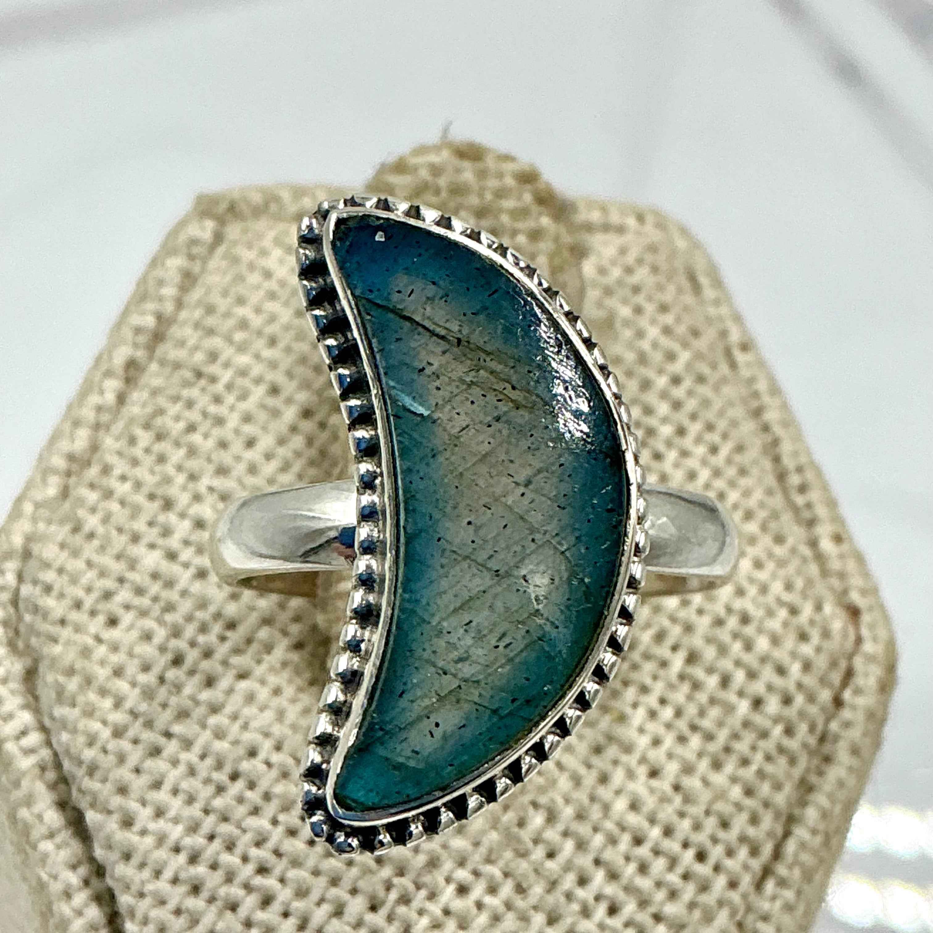 Sterling Silver Labradorite Crescent Moon Ring – Size 8 – Protection, Intuition & Transformation | Rings | Wiccan Center