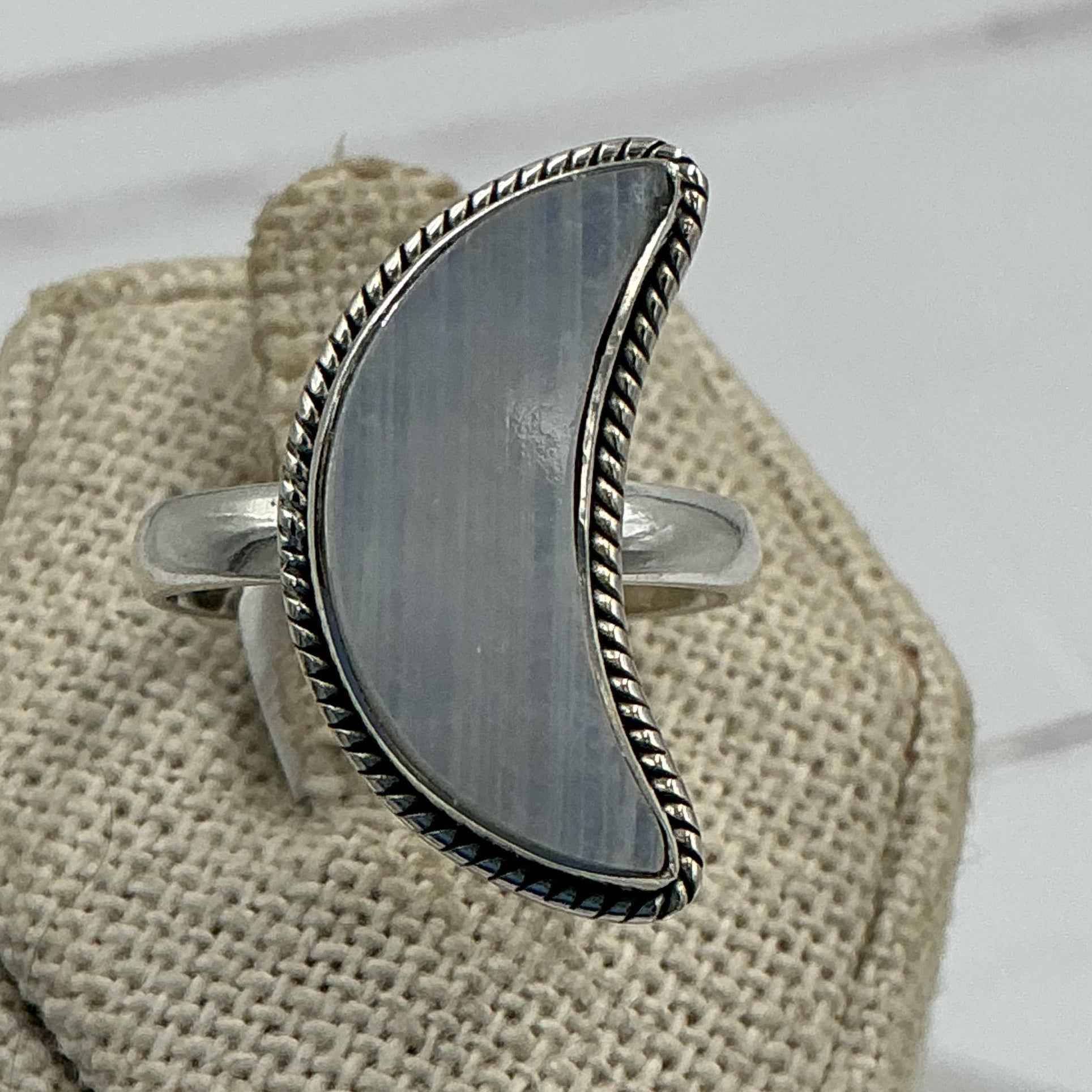 Sterling Silver Rainbow Moonstone Crescent Moon Ring – Size 8 – Intuition, Divine Feminine Energy & Emotional Balance | Rings | Wiccan Center