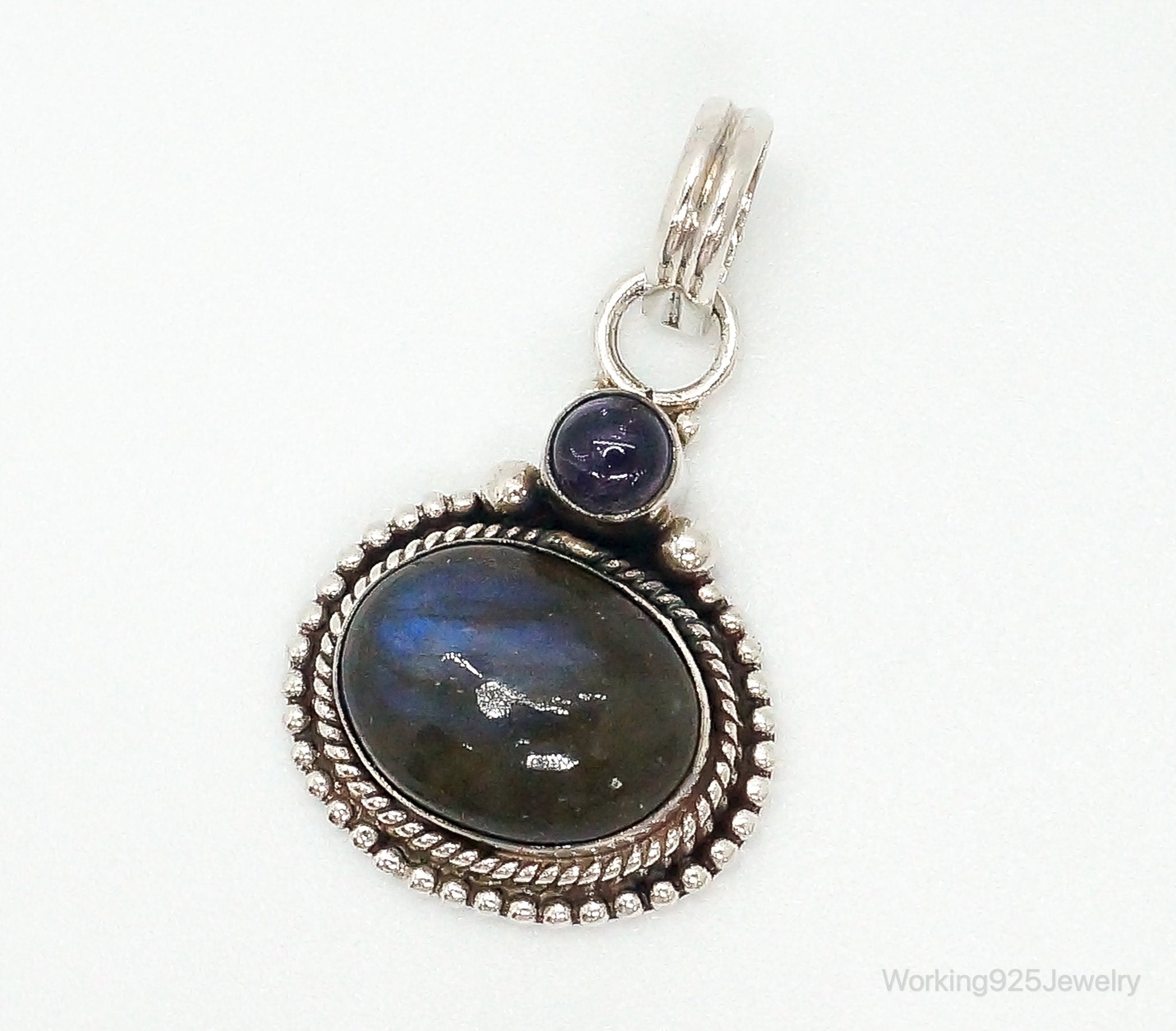 Vintage Large Labradorite Amethyst Sterling Silver Necklace Pendant | Jewelry > Necklaces > Pendants | Wiccan Center
