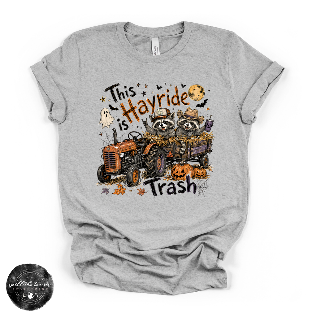 This Hayride Is Trash Tee | Funny Raccoon Fall Graphic T-Shirt