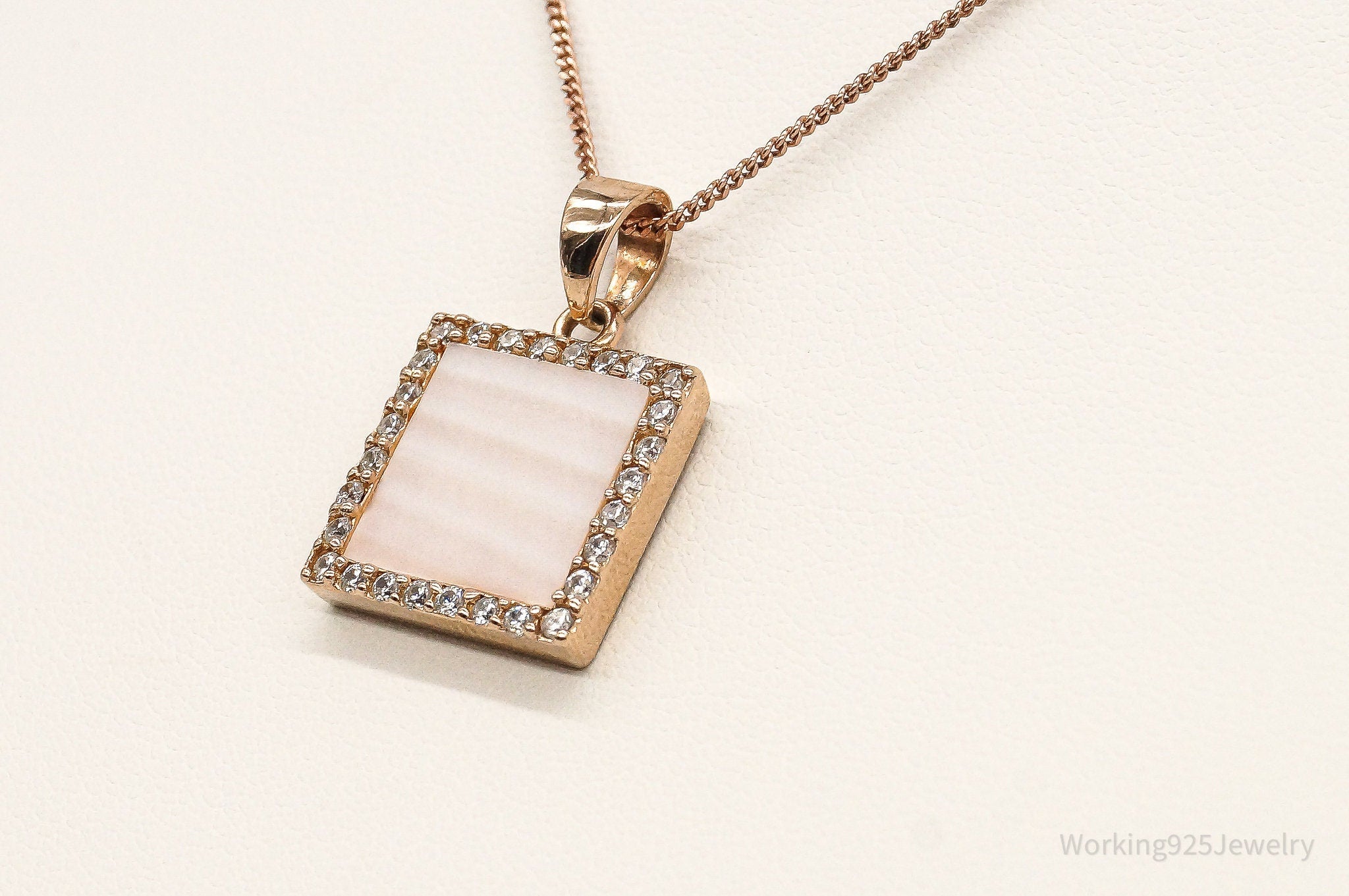 Pink Mother Of Pearl Cubic Zirconia Rose Gold Vermeil Sterling Silver Necklace | Jewelry > Necklaces > Pendants | Wiccan Center