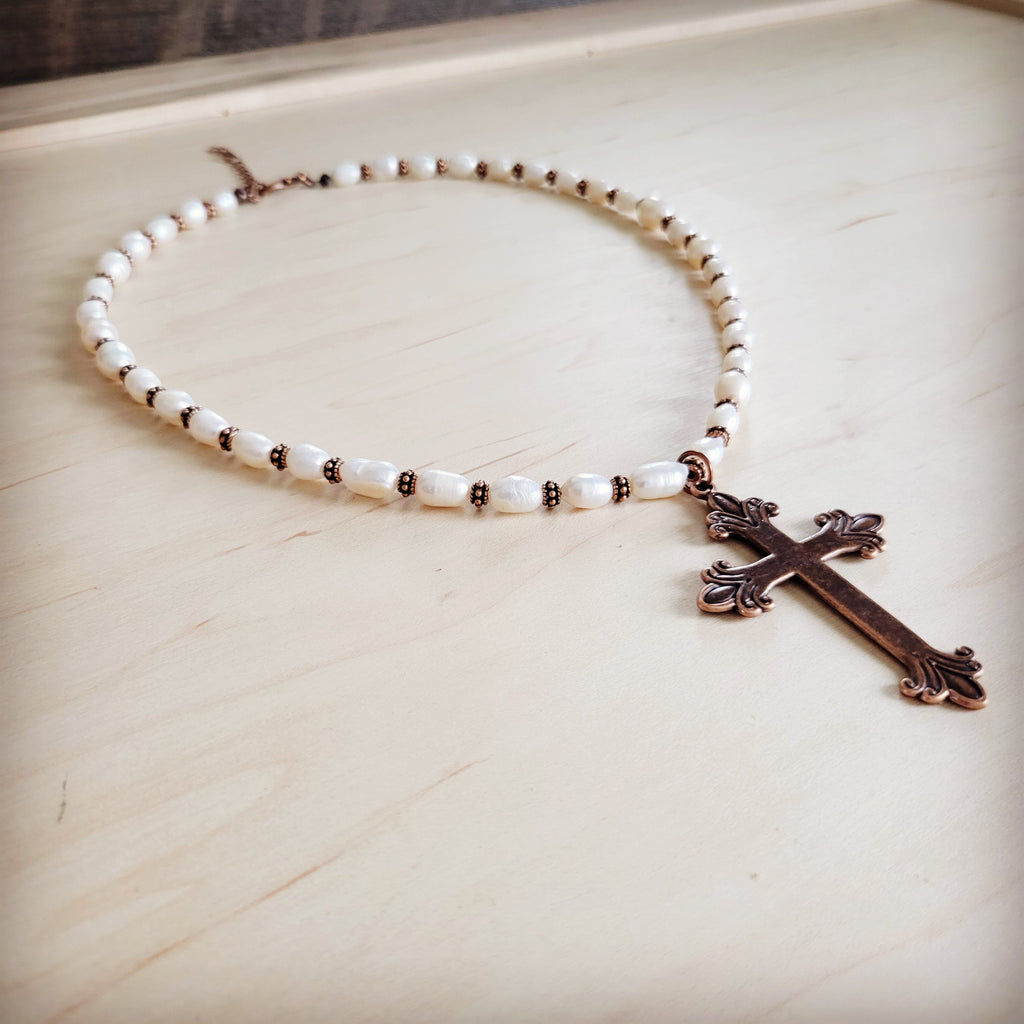 Genuine Freshwater Pearl Collar Boho Necklace w/ Cross 263s | Necklace | Wiccan Center