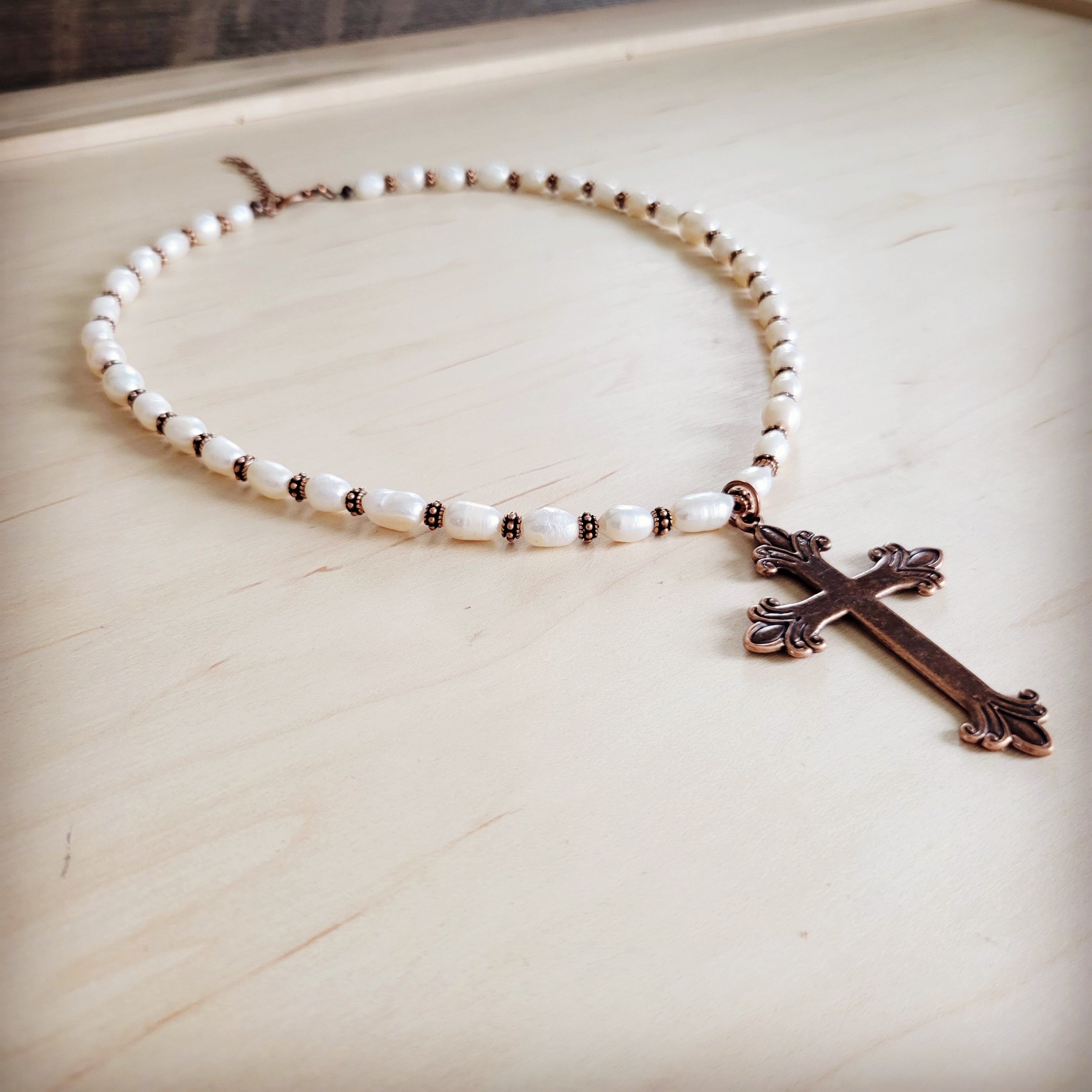 Genuine Freshwater Pearl Collar Boho Necklace w/ Cross 263s | Necklace | Wiccan Center