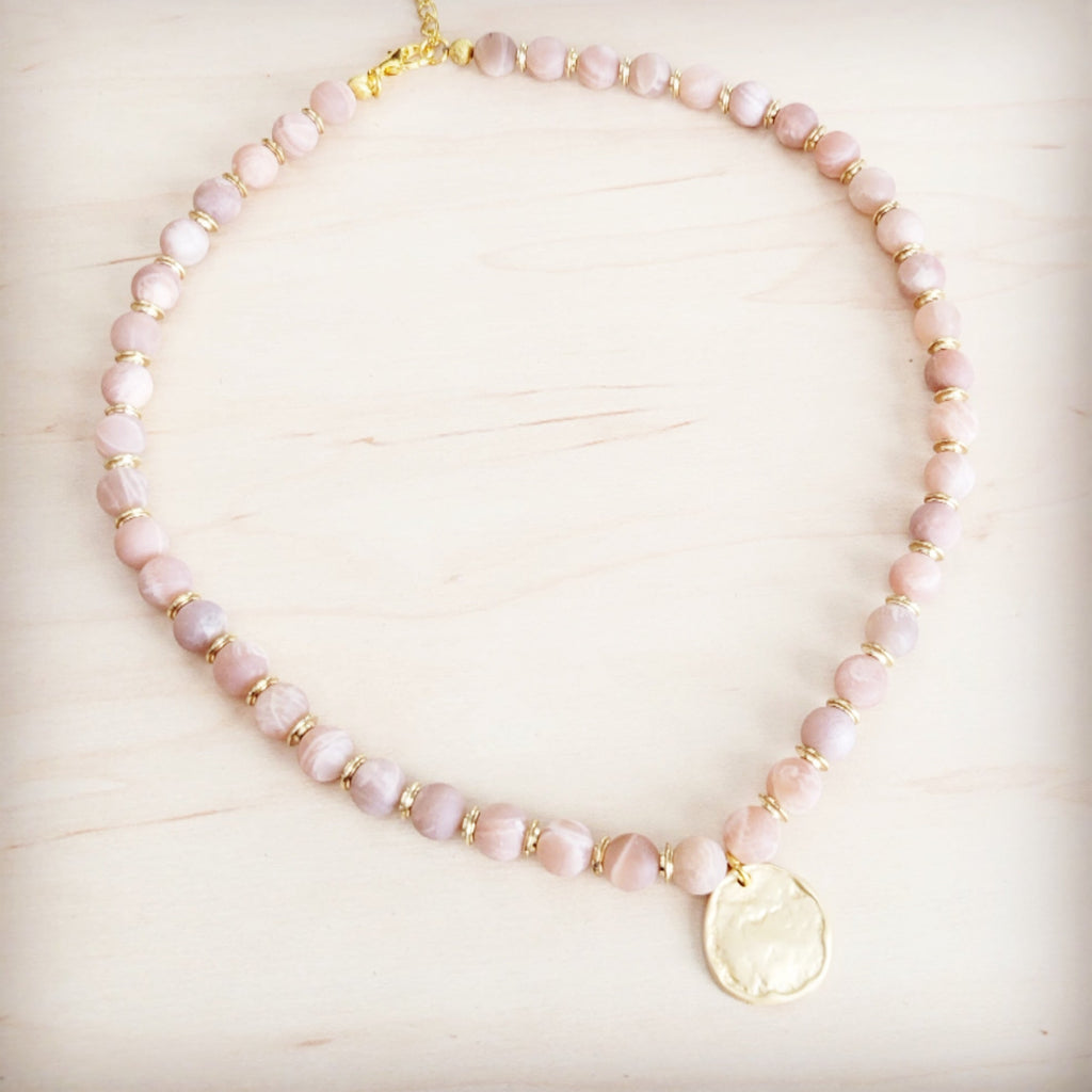 Frosted Sunstone Beaded Collar Necklace w/ Matte Gold Pendant 262n | Necklace | Wiccan Center