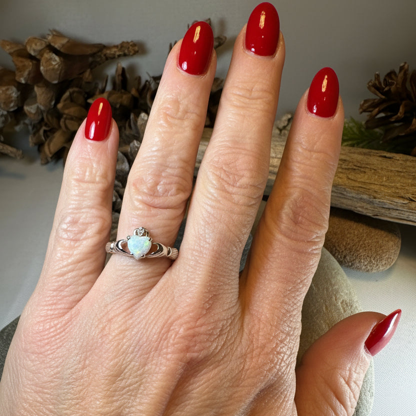 White Fire Opal Irish Claddagh Ring in Sterling Silver | Ring | Wiccan Center