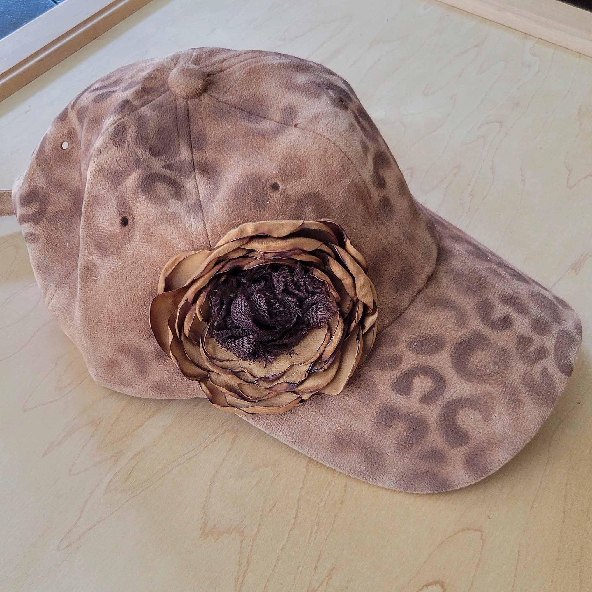 Hand-Painted Leopard Suede Baseball Cap w/ Flowers Tan 986L | Hat | Wiccan Center