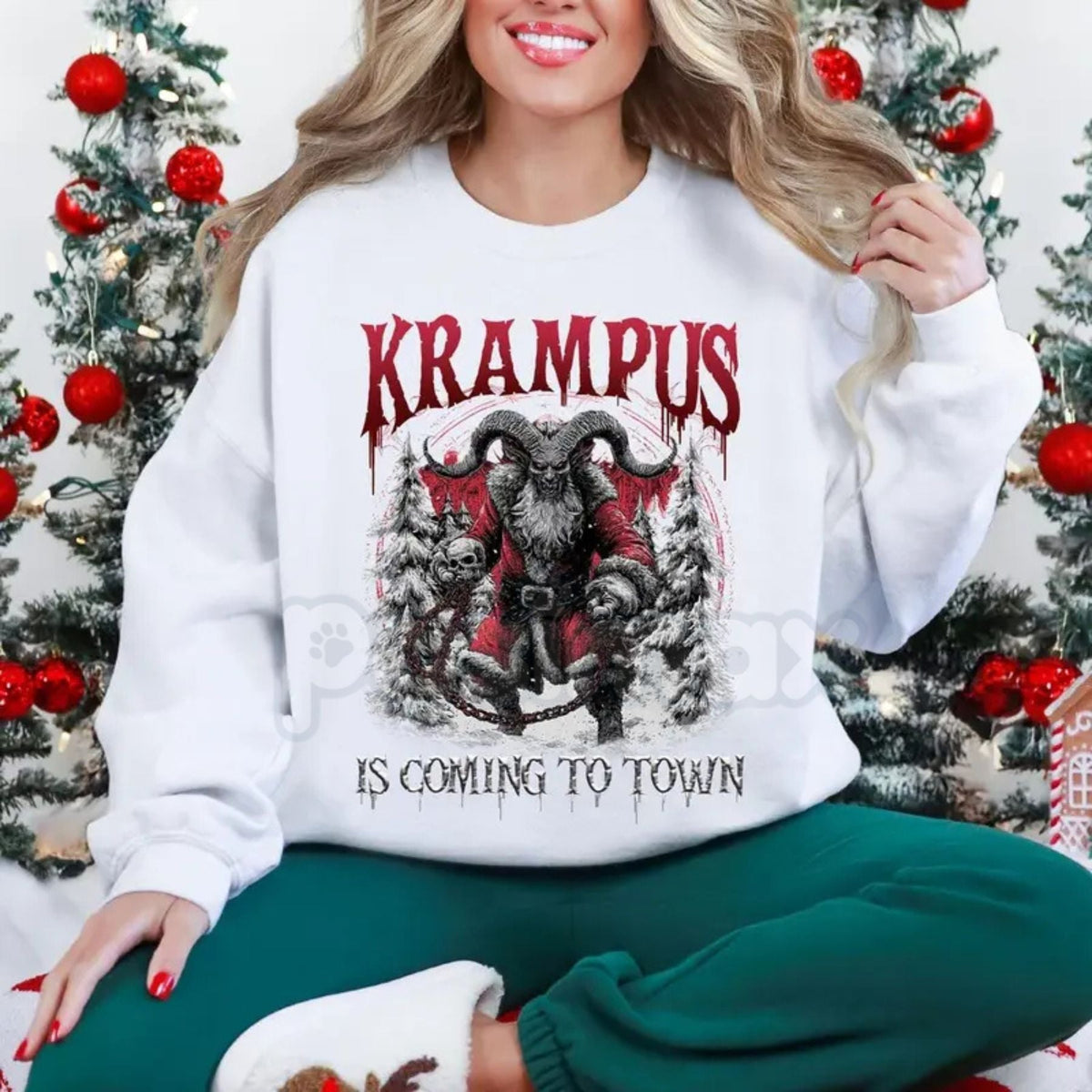 Retro Krampus Ugly Sweater Crewneck | Vintage Krampus Is Coming Jumper | Funny 80s Spooky Christmas Shirt | Alternative Holiday Gift | Sweatshirt | Wiccan Center