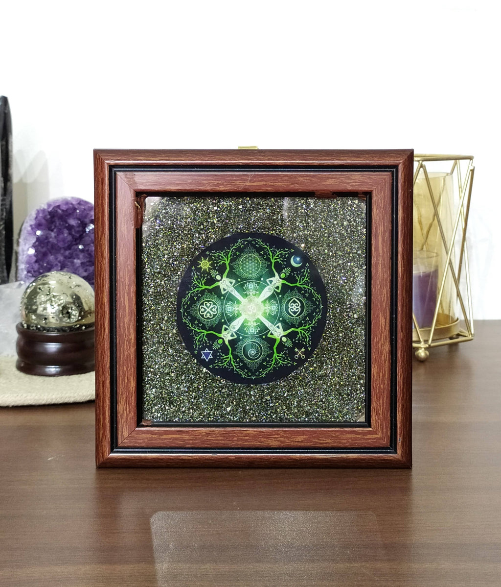 Pyrite Frame with Numinosity Mandala Art, Pyrite Dust Plate