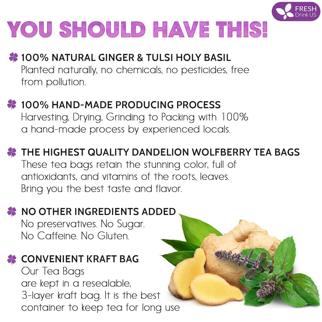 Premium Ginger Tulsi Tea Bags | Hand-made Blend of Ginger and Tulsi Holy Basil Leaves | Tea | Wiccan Center