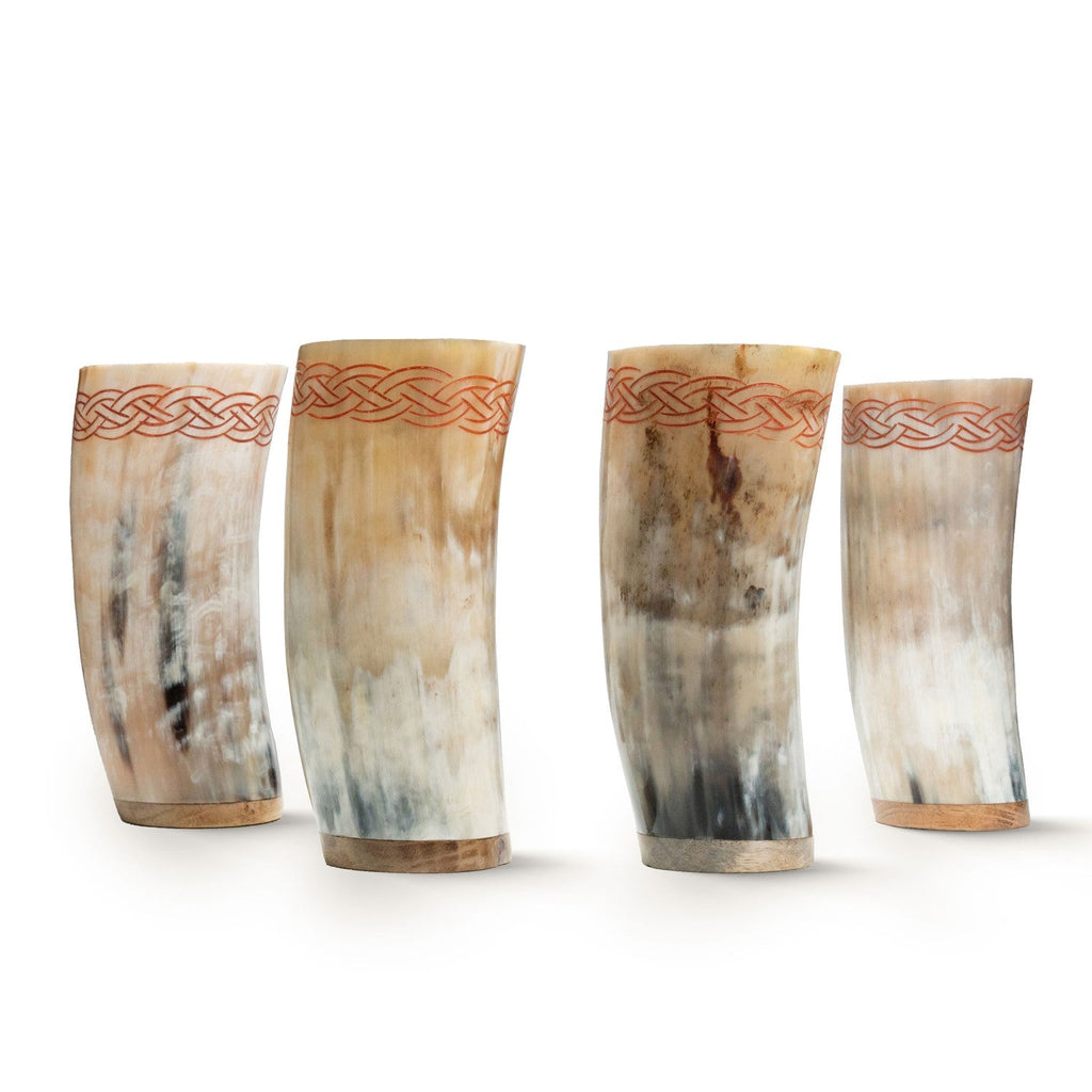 Viking Horn Cups Set of 4 – Celtic-Engraved Ox Horn