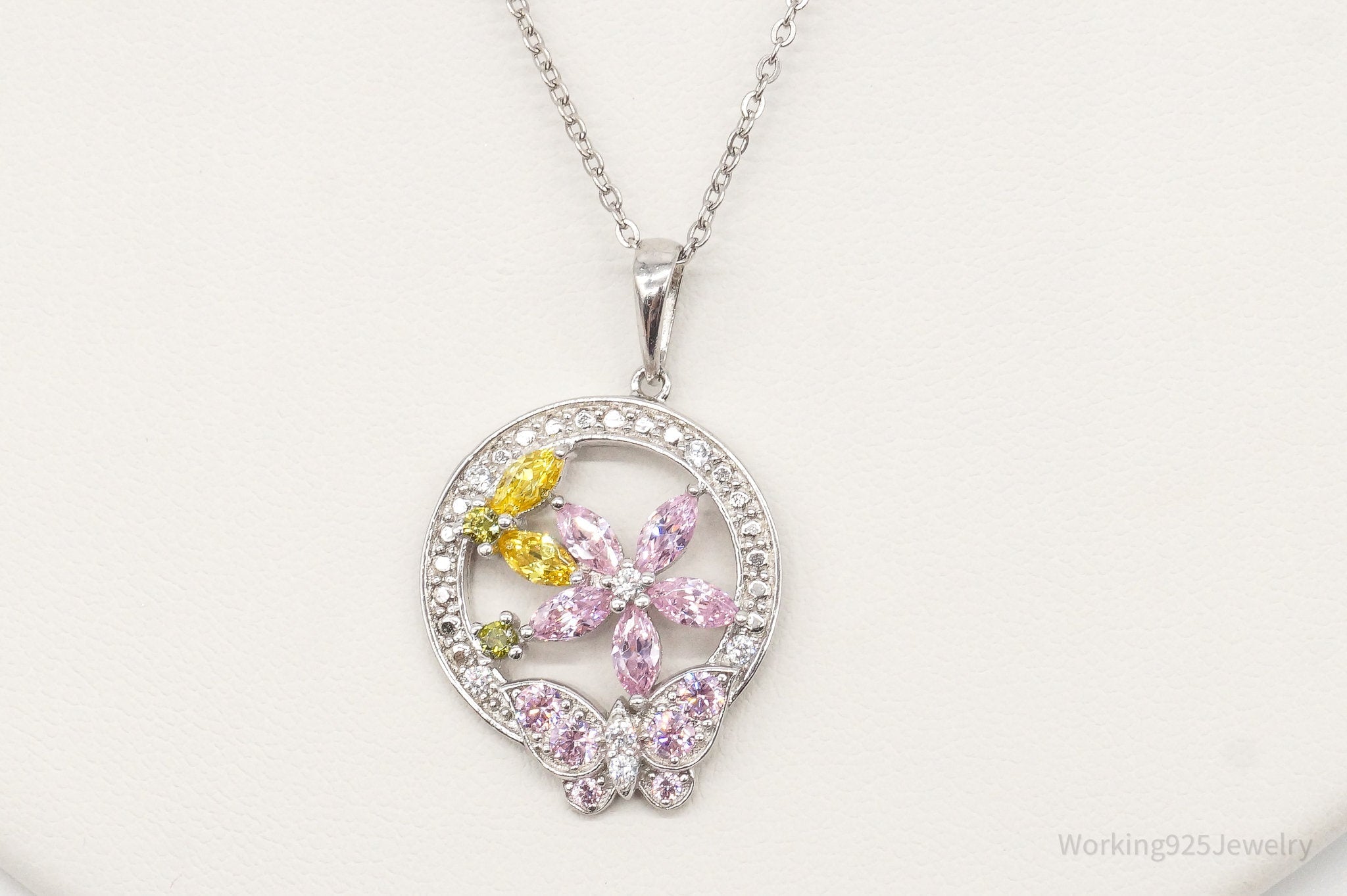 Vintage Multi Color Cubic Zirconia Sterling Silver Flower Necklace | Jewelry > Necklaces > Pendants | Wiccan Center