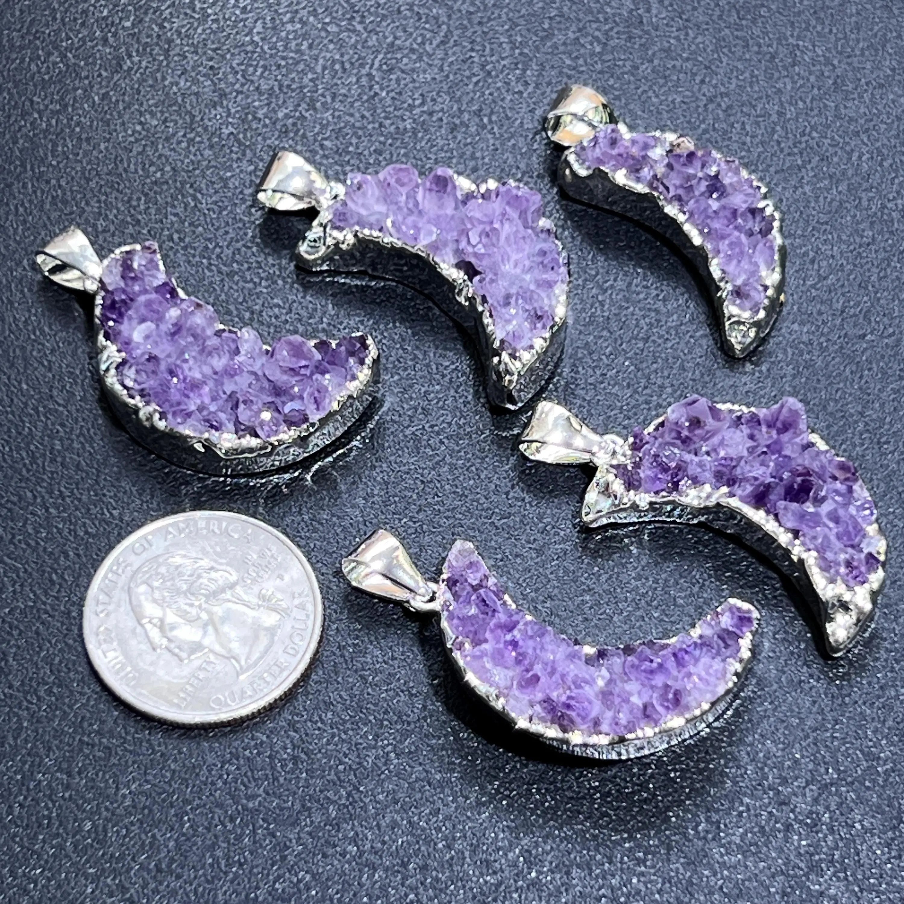 Crescent Moon Pendant (Amethyst Druzy Crystal)(Silver Plated) Gemstone Jewelry Necklace Charm Supply | Craft Supplies & Tools > Beads, Gems & Cabochons > Charms & Pendants > Pendants | Wiccan Center