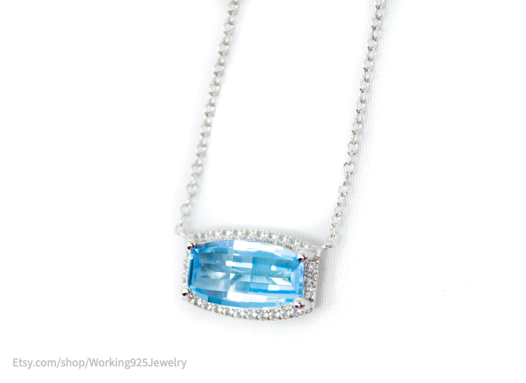 Vintage Art Deco Style Checkerboard Blue Topaz CZ Sterling Silver Necklace | Jewelry > Necklaces > Pendants | Wiccan Center