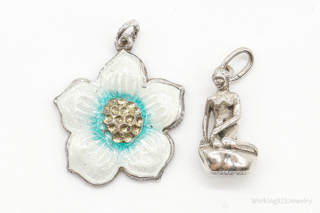 Vintage Modernist Enamel Flower Little Mermaid Sterling Silver Pendants | Jewelry > Necklaces > Pendants | Wiccan Center