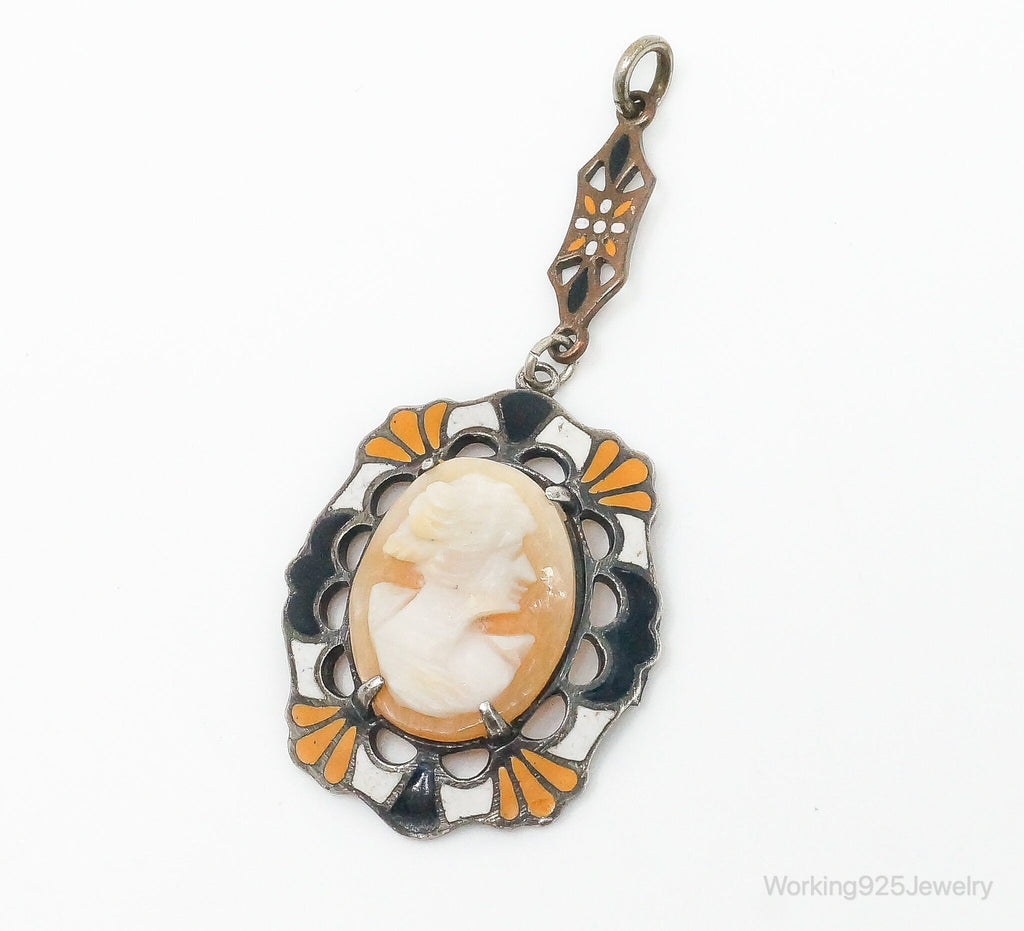 Antique Carved Woman Cameo Shell Enamel Sterling Silver Pendant | Jewelry > Necklaces > Pendants | Wiccan Center