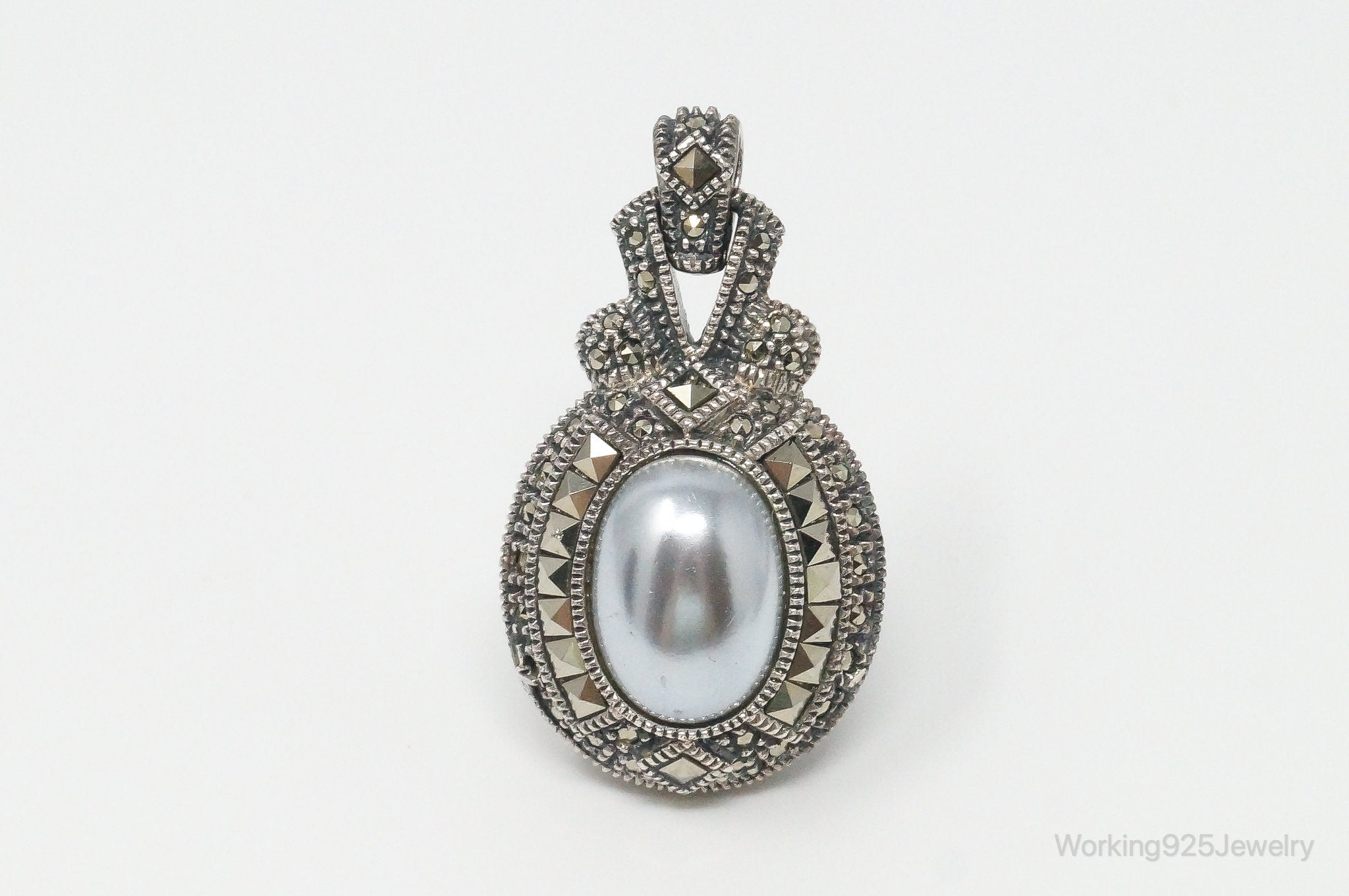 Large Vintage White Blue Pearl Marcasite Reversible Sterling Silver Pendant | Jewelry > Necklaces > Pendants | Wiccan Center